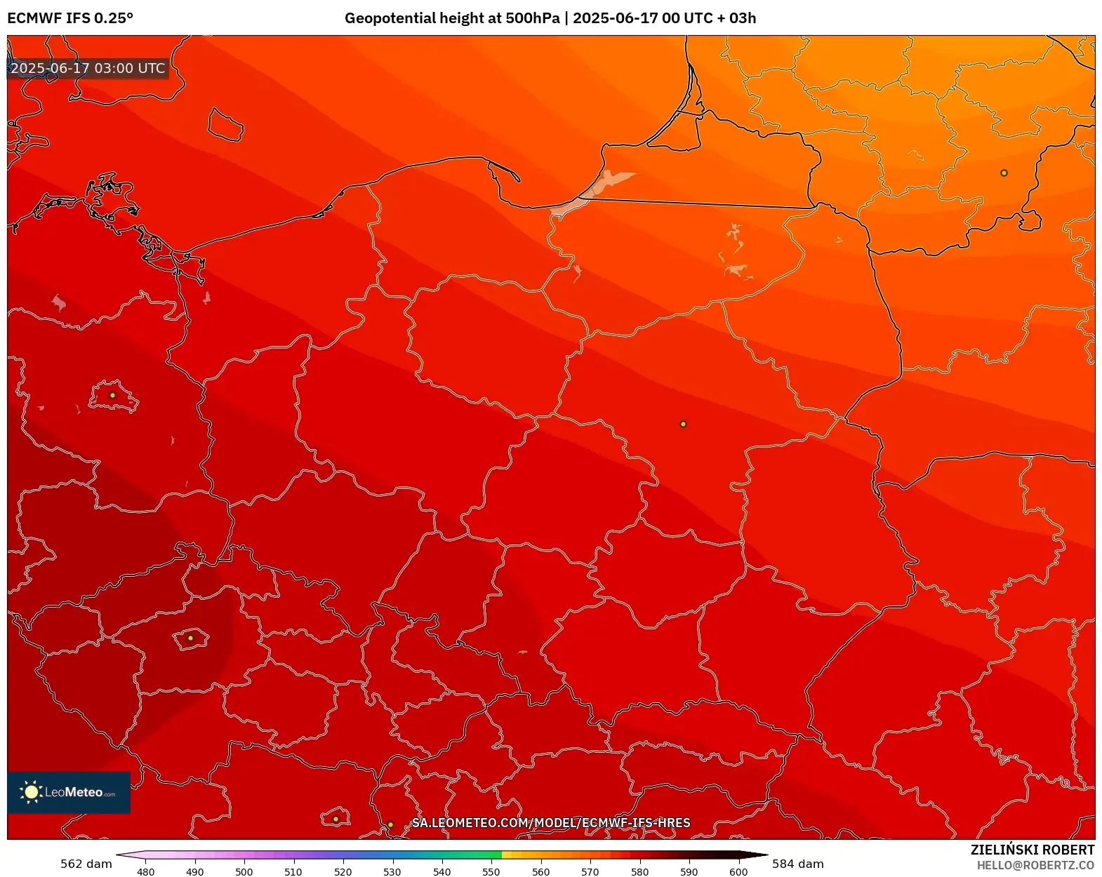 ECMWF IFS 0.25° model - Poland, Ketinggian geopotensial pada 500 hPa ECMWF IFS 0.25° model - Poland, Ketinggian geopotensial pada 500 hPa