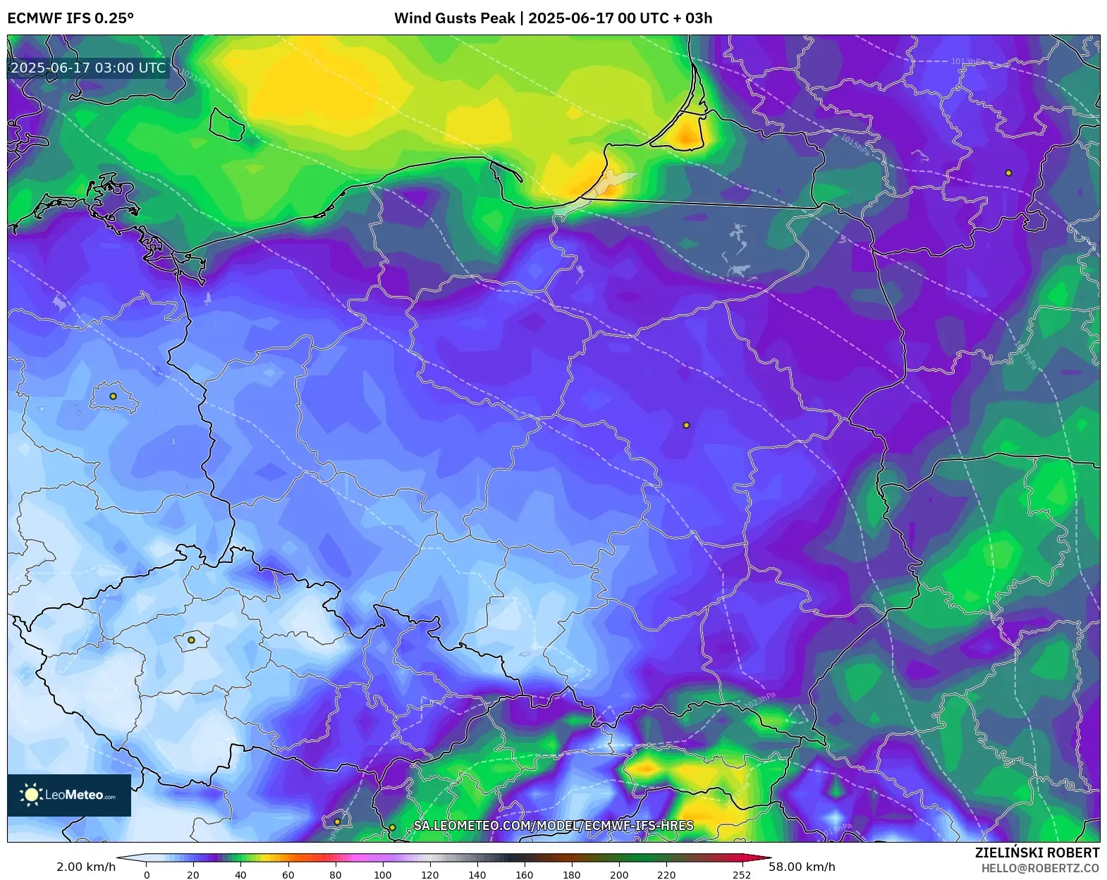 ECMWF IFS 0.25° model - Poland, Hembusan Tertinggi ECMWF IFS 0.25° model - Poland, Hembusan Tertinggi