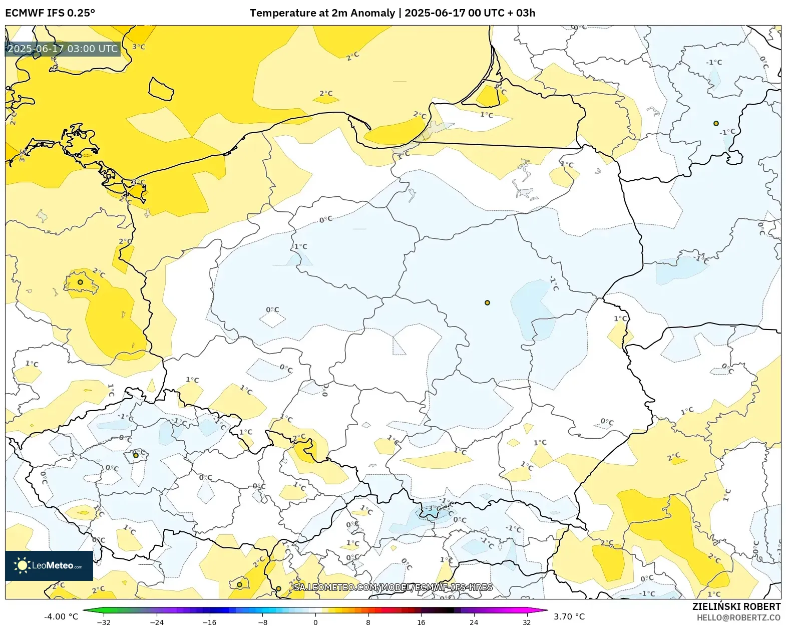ECMWF IFS 0.25° model - Poland, Anomali Suhu 2 m ECMWF IFS 0.25° model - Poland, Anomali Suhu 2 m