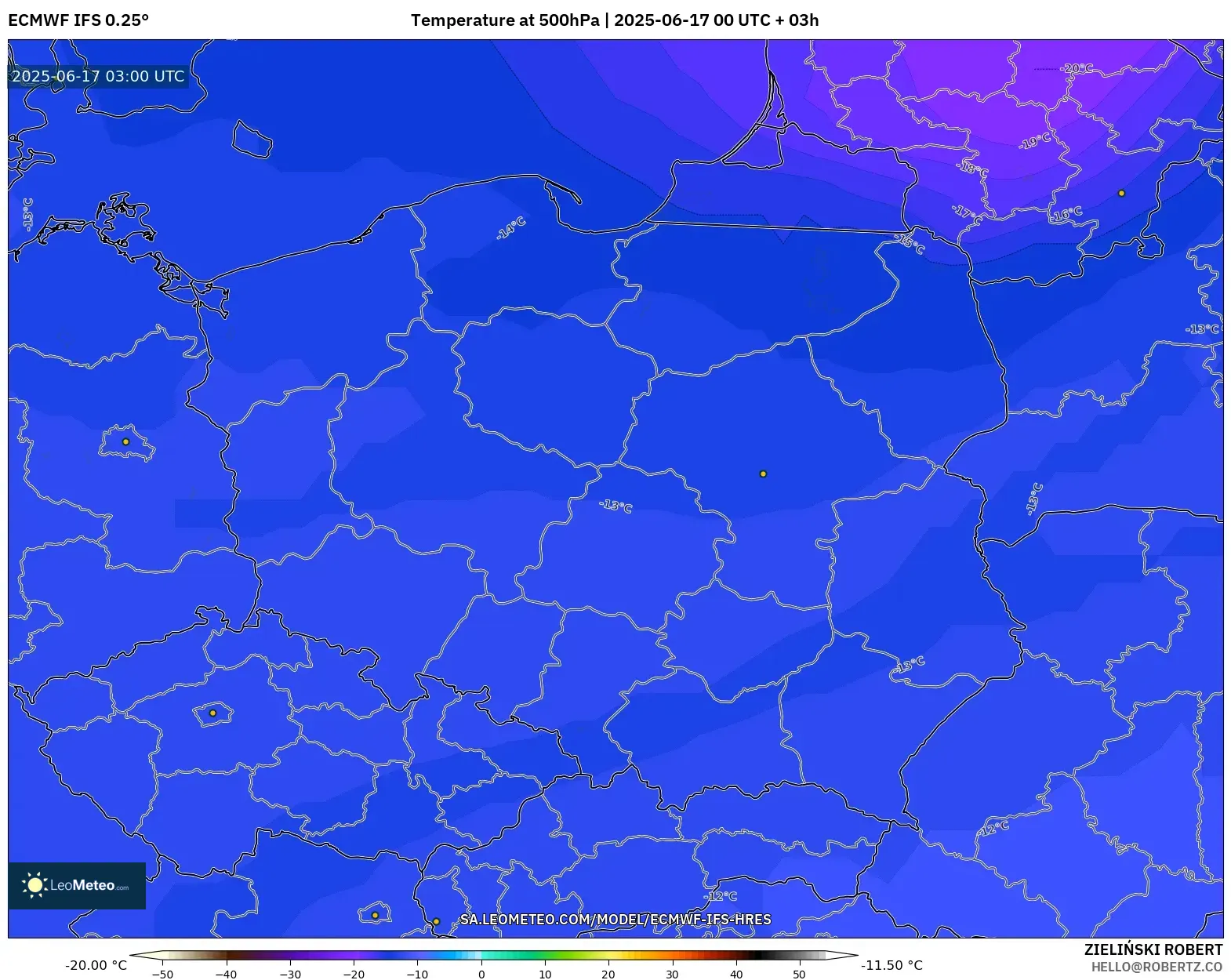 ECMWF IFS 0.25° model - Poland, Suhu 500 hPa ECMWF IFS 0.25° model - Poland, Suhu 500 hPa