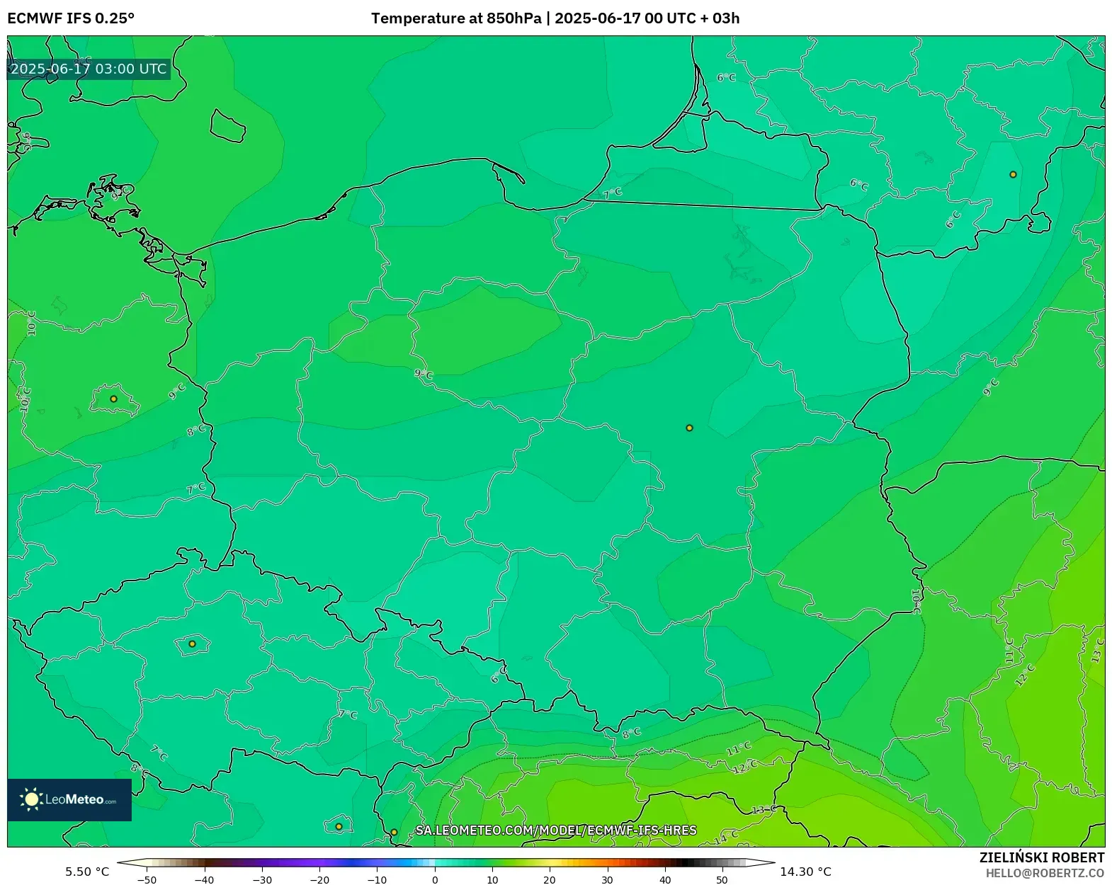 ECMWF IFS 0.25° model - Poland, Suhu 850 hPa ECMWF IFS 0.25° model - Poland, Suhu 850 hPa