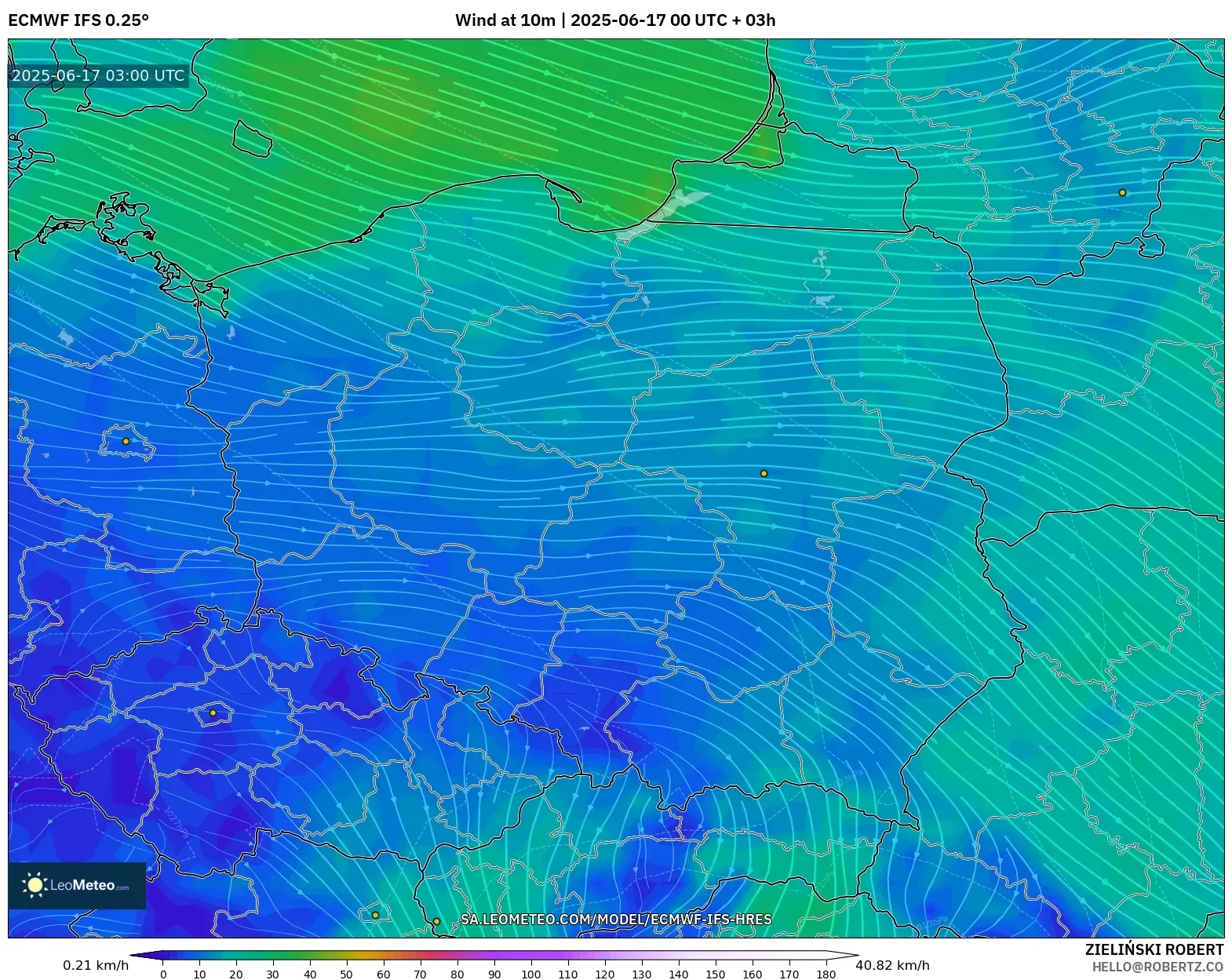 ECMWF IFS 0.25° model - Poland, Angin 10 m ECMWF IFS 0.25° model - Poland, Angin 10 m