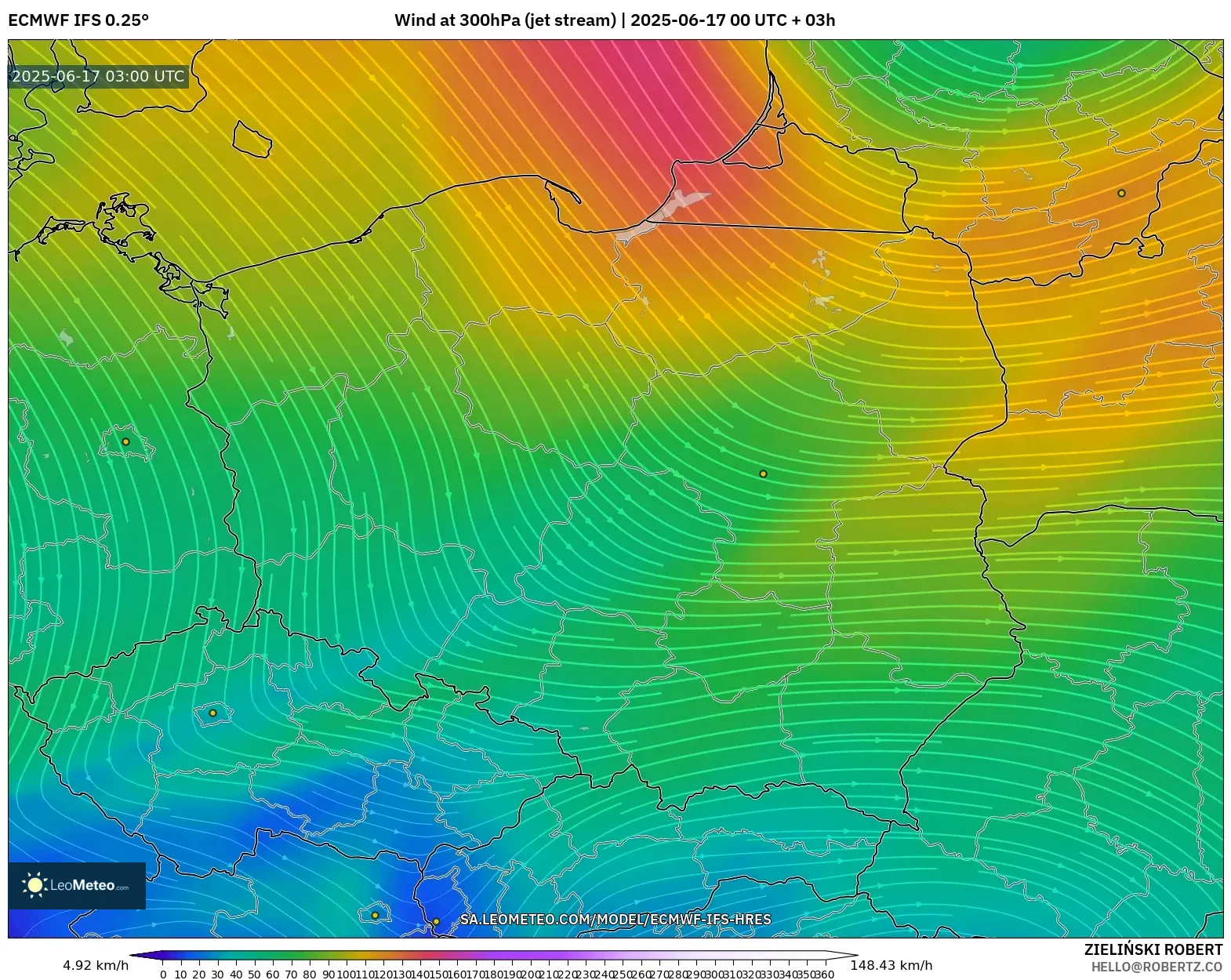 ECMWF IFS 0.25° model - Poland, Angin 300 hPa (aliran jet) ECMWF IFS 0.25° model - Poland, Angin 300 hPa (aliran jet)