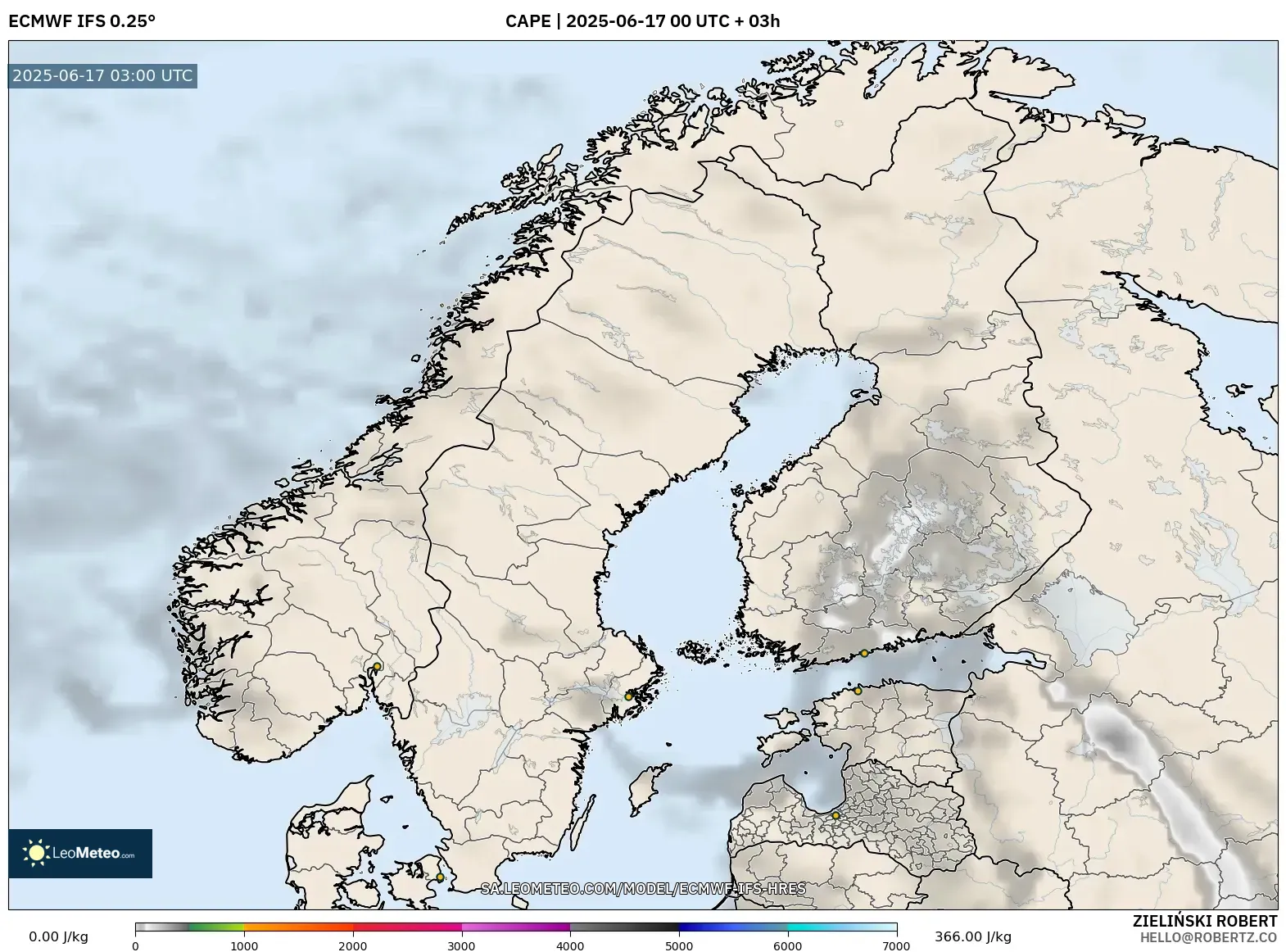 ECMWF IFS 0.25° model - Skandinavia, CAPE ECMWF IFS 0.25° model - Skandinavia, CAPE