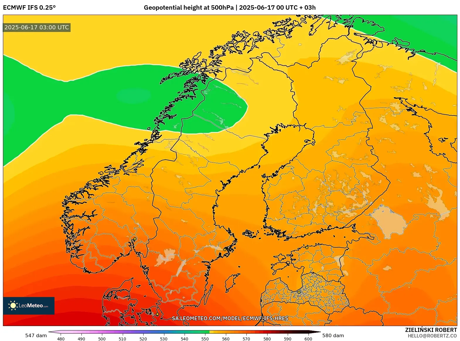 ECMWF IFS 0.25° model - Skandinavia, Ketinggian geopotensial pada 500 hPa ECMWF IFS 0.25° model - Skandinavia, Ketinggian geopotensial pada 500 hPa