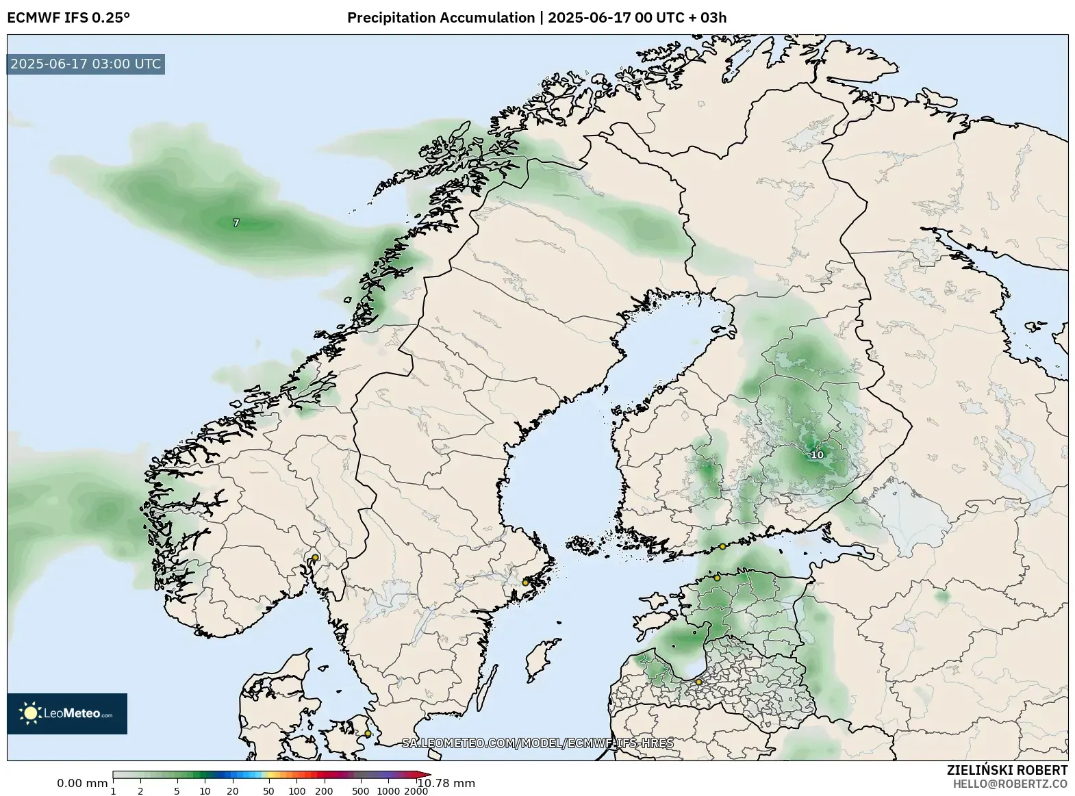 ECMWF IFS 0.25° model - Skandinavia, Pengumpulan Hujan ECMWF IFS 0.25° model - Skandinavia, Pengumpulan Hujan