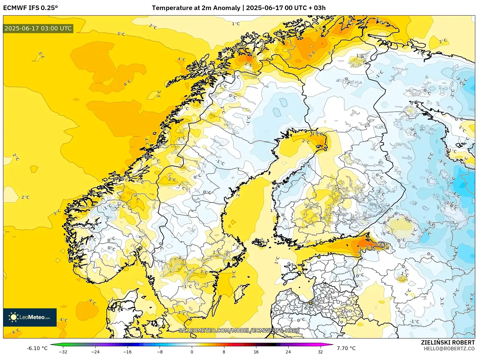 ECMWF IFS 0.25° model - Skandinavia, Anomali Suhu 2 m ECMWF IFS 0.25° model - Skandinavia, Anomali Suhu 2 m