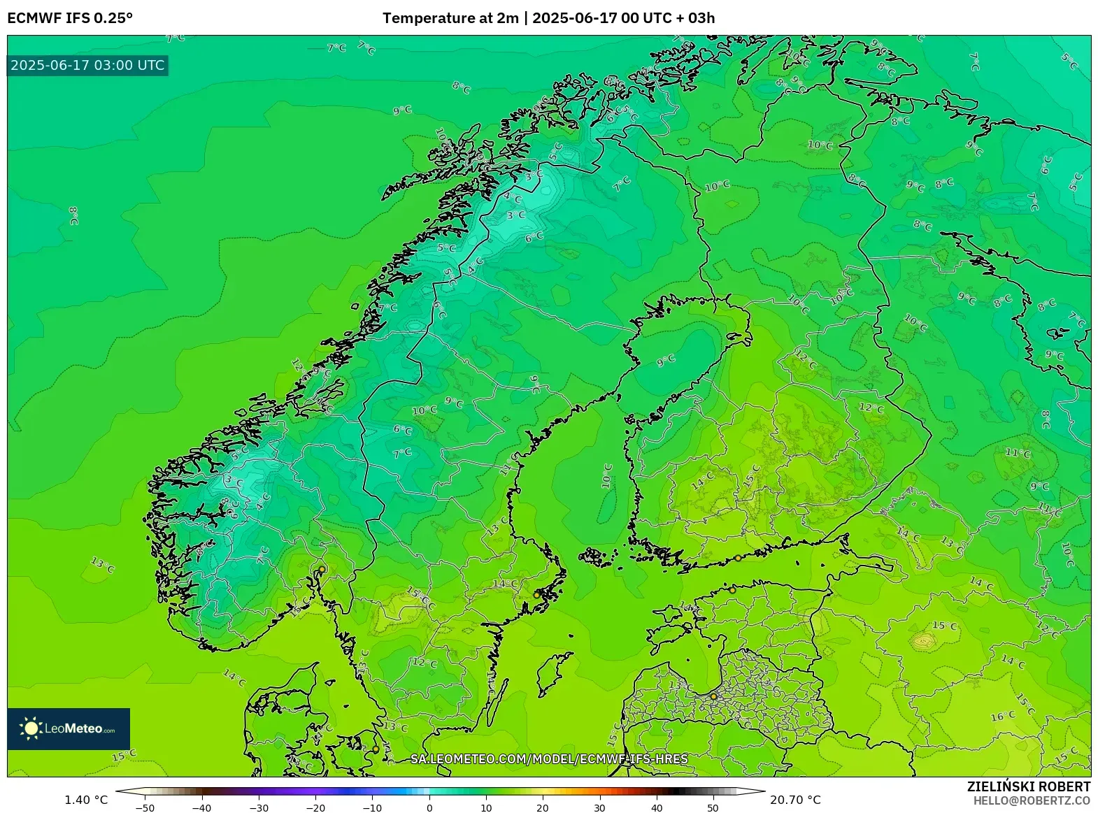 ECMWF IFS 0.25° model - Skandinavia, Suhu pada 2 m ECMWF IFS 0.25° model - Skandinavia, Suhu pada 2 m