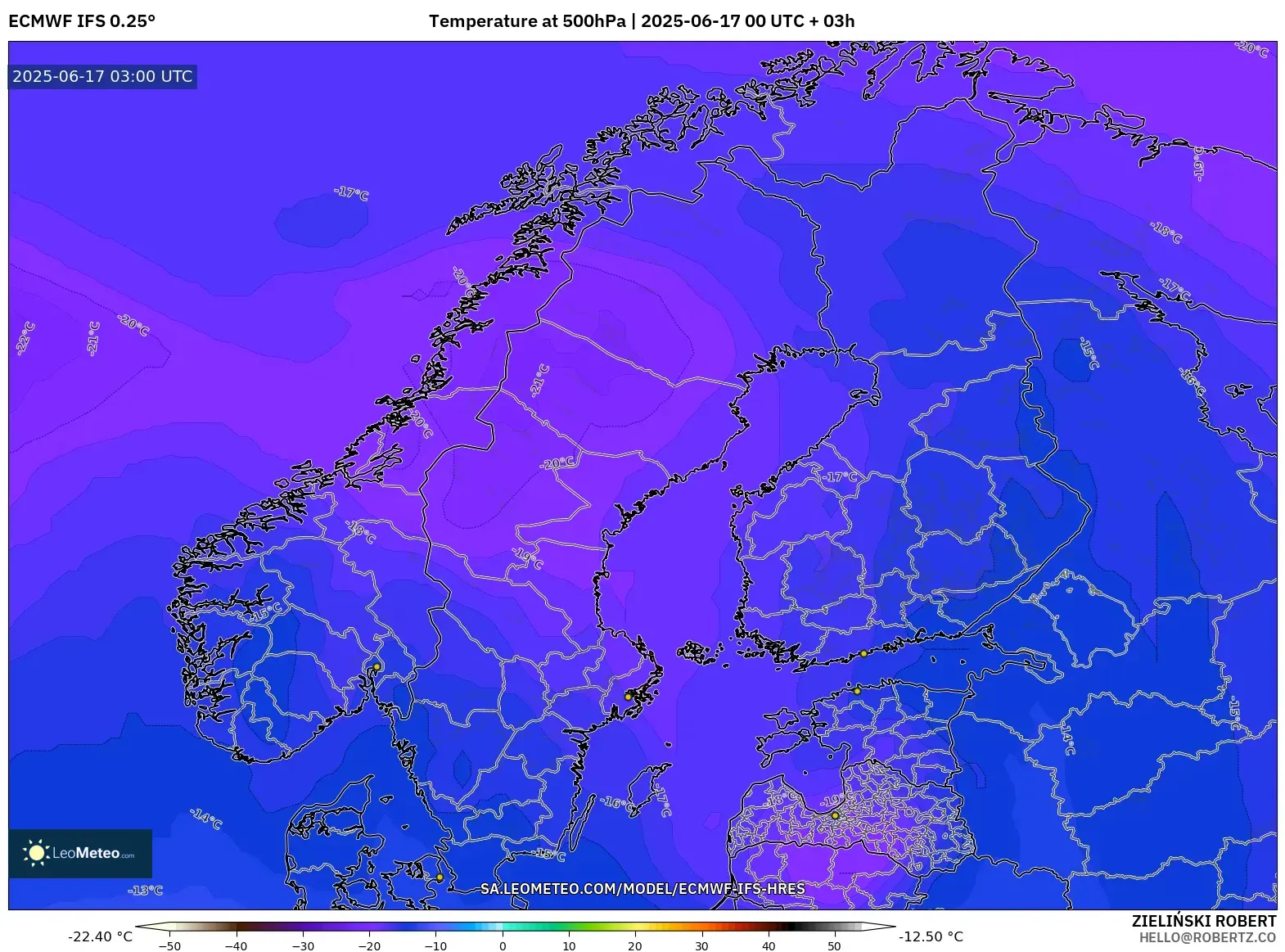 ECMWF IFS 0.25° model - Skandinavia, Suhu 500 hPa ECMWF IFS 0.25° model - Skandinavia, Suhu 500 hPa