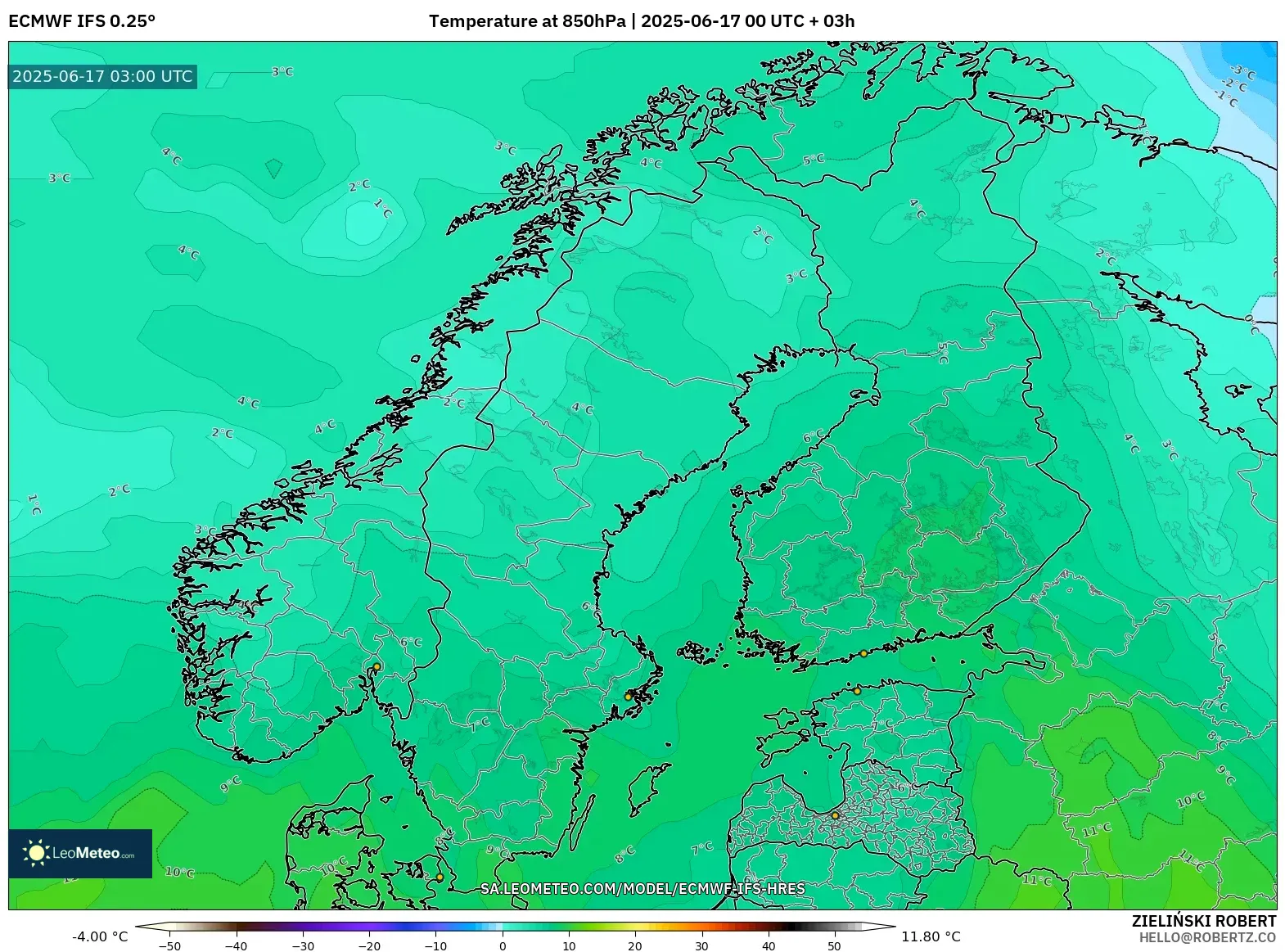 ECMWF IFS 0.25° model - Skandinavia, Suhu 850 hPa ECMWF IFS 0.25° model - Skandinavia, Suhu 850 hPa