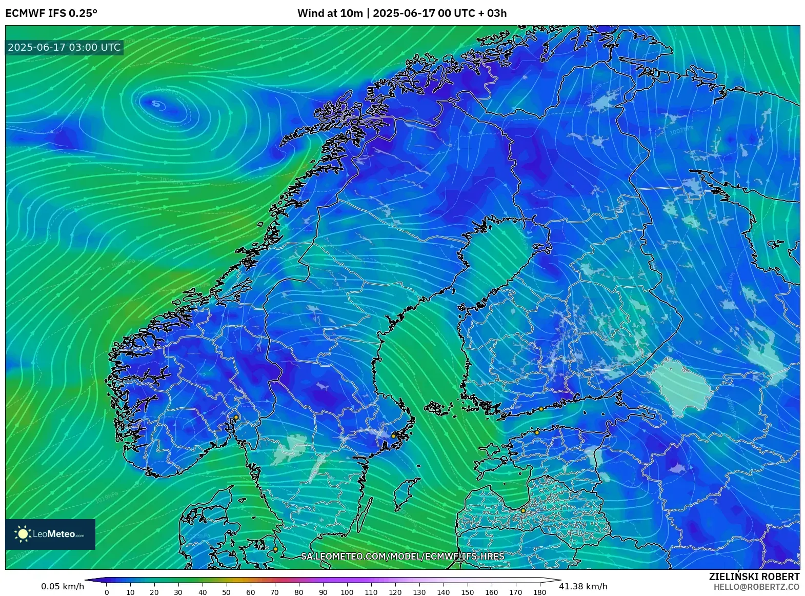 ECMWF IFS 0.25° model - Skandinavia, Angin 10 m ECMWF IFS 0.25° model - Skandinavia, Angin 10 m