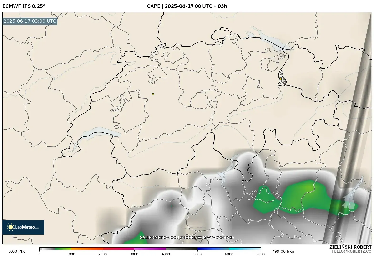 ECMWF IFS 0.25° model - Switzerland, CAPE ECMWF IFS 0.25° model - Switzerland, CAPE