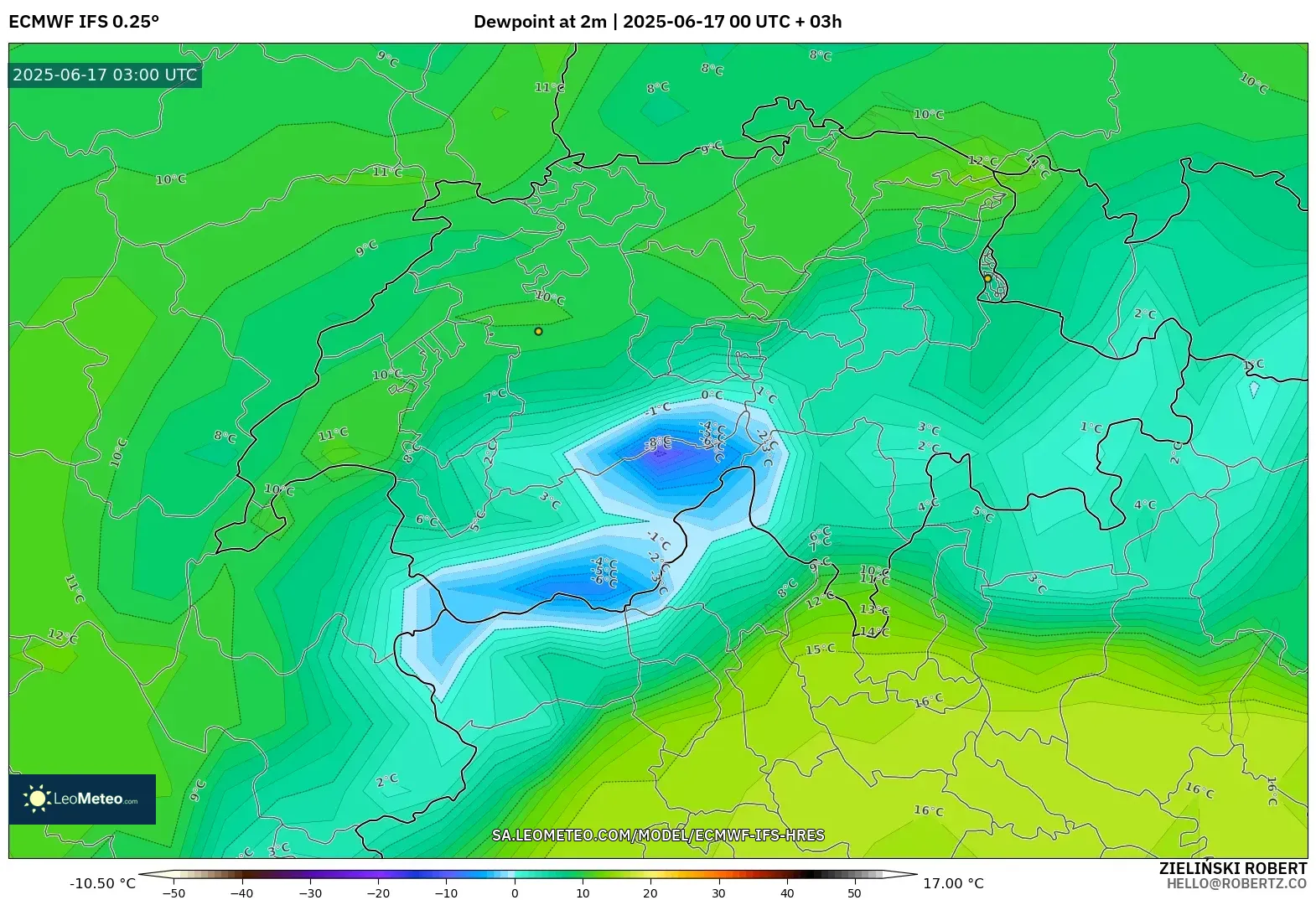 ECMWF IFS 0.25° model - Switzerland, Takat Embun 2 m ECMWF IFS 0.25° model - Switzerland, Takat Embun 2 m