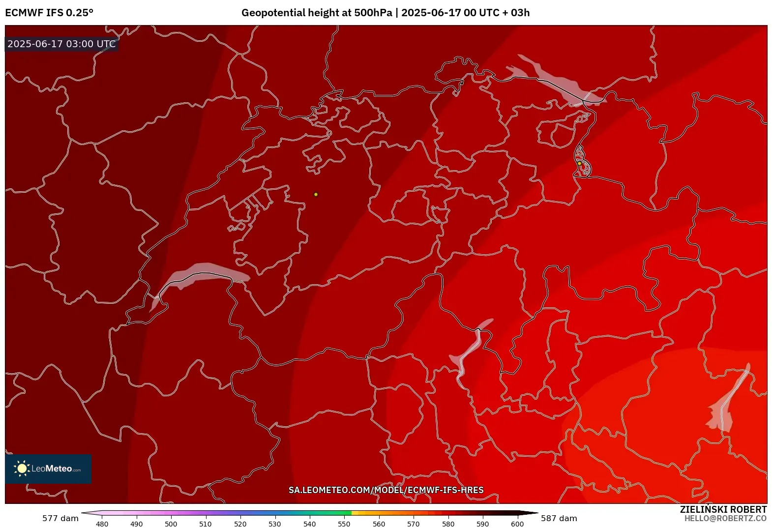 ECMWF IFS 0.25° model - Switzerland, Ketinggian geopotensial pada 500 hPa ECMWF IFS 0.25° model - Switzerland, Ketinggian geopotensial pada 500 hPa