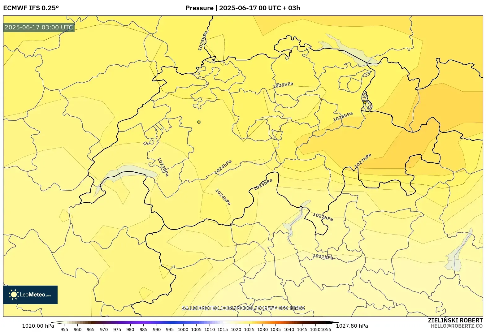 ECMWF IFS 0.25° model - Switzerland, Tekanan ECMWF IFS 0.25° model - Switzerland, Tekanan
