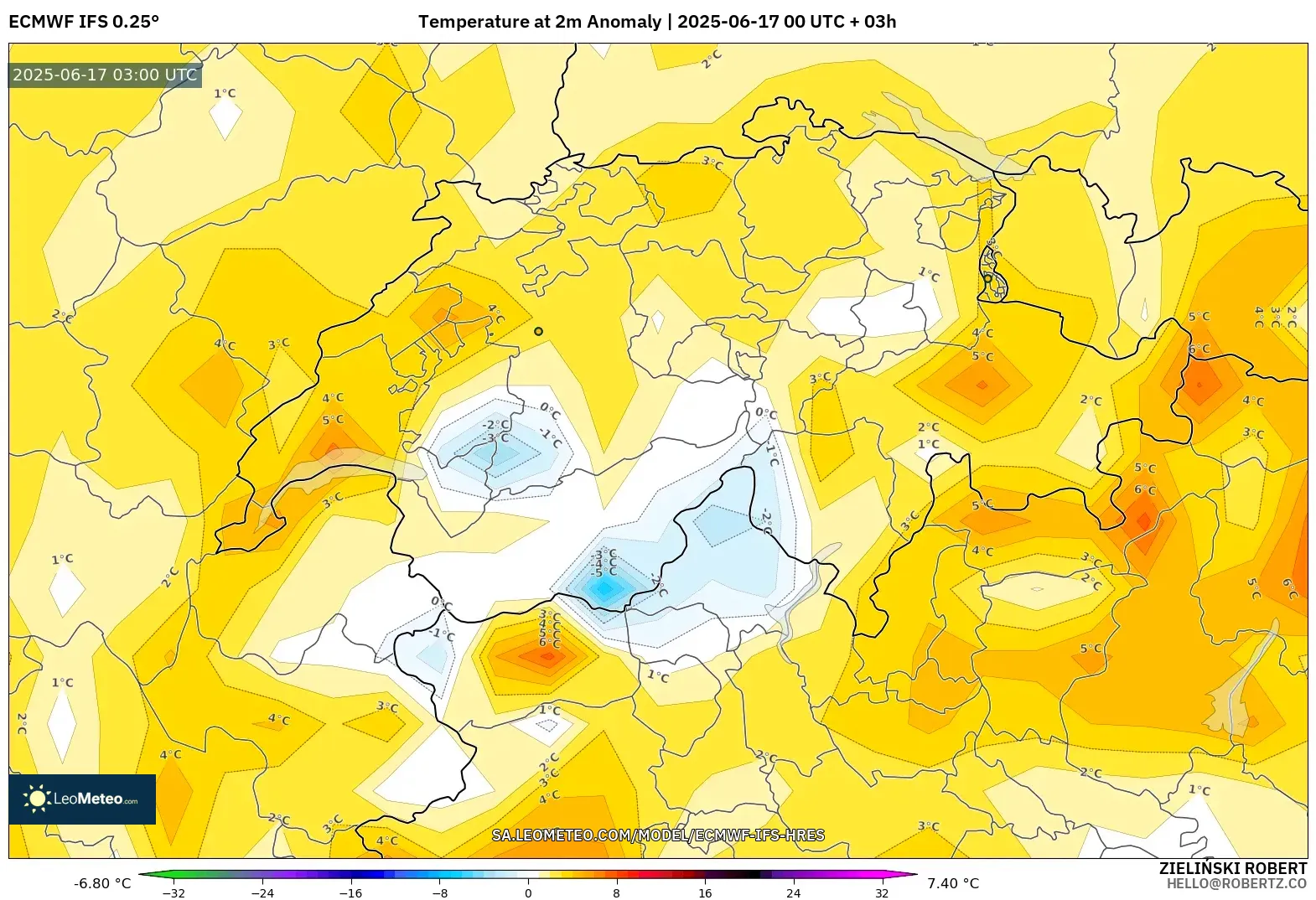 ECMWF IFS 0.25° model - Switzerland, Anomali Suhu 2 m ECMWF IFS 0.25° model - Switzerland, Anomali Suhu 2 m