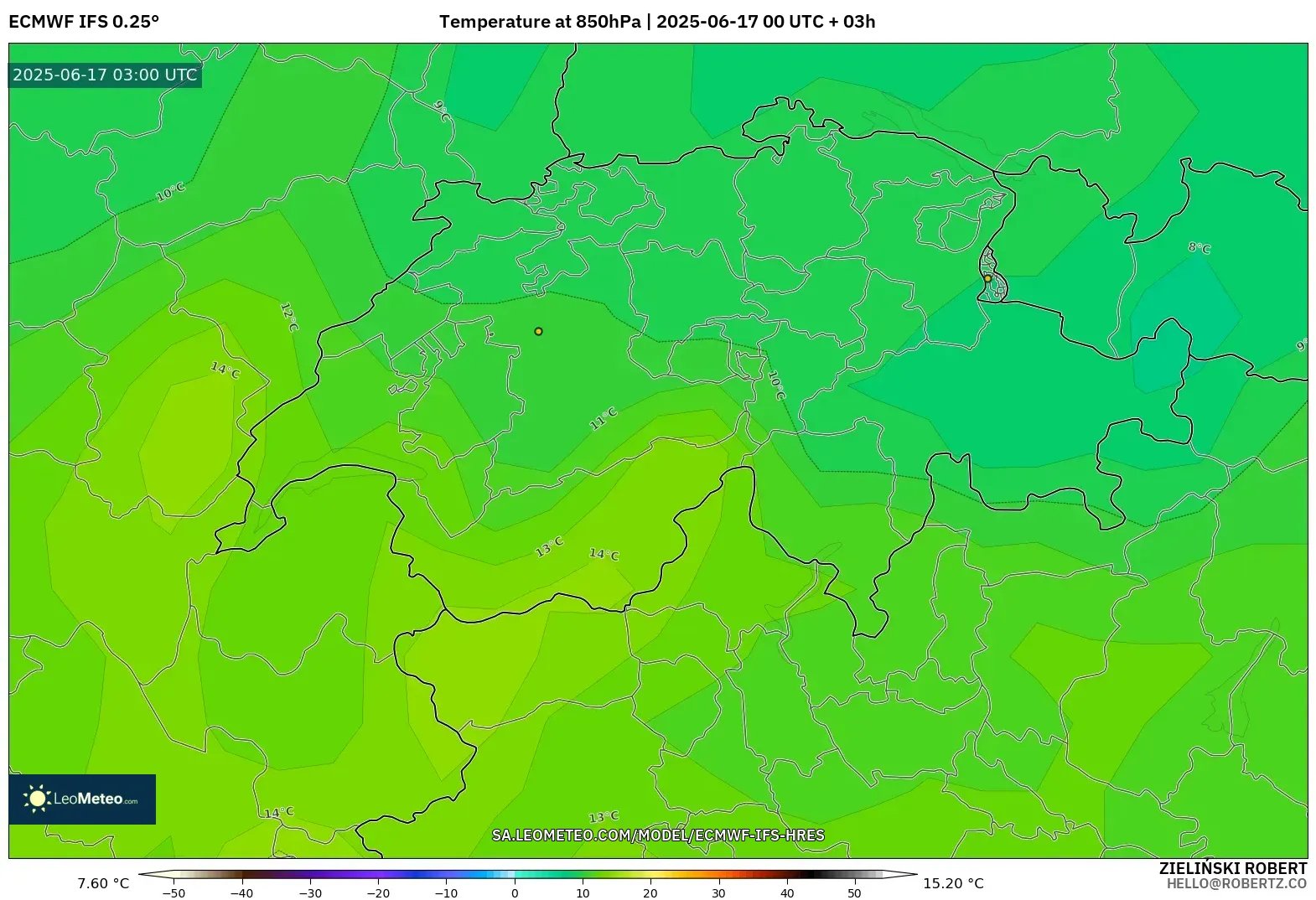 ECMWF IFS 0.25° model - Switzerland, Suhu 850 hPa ECMWF IFS 0.25° model - Switzerland, Suhu 850 hPa