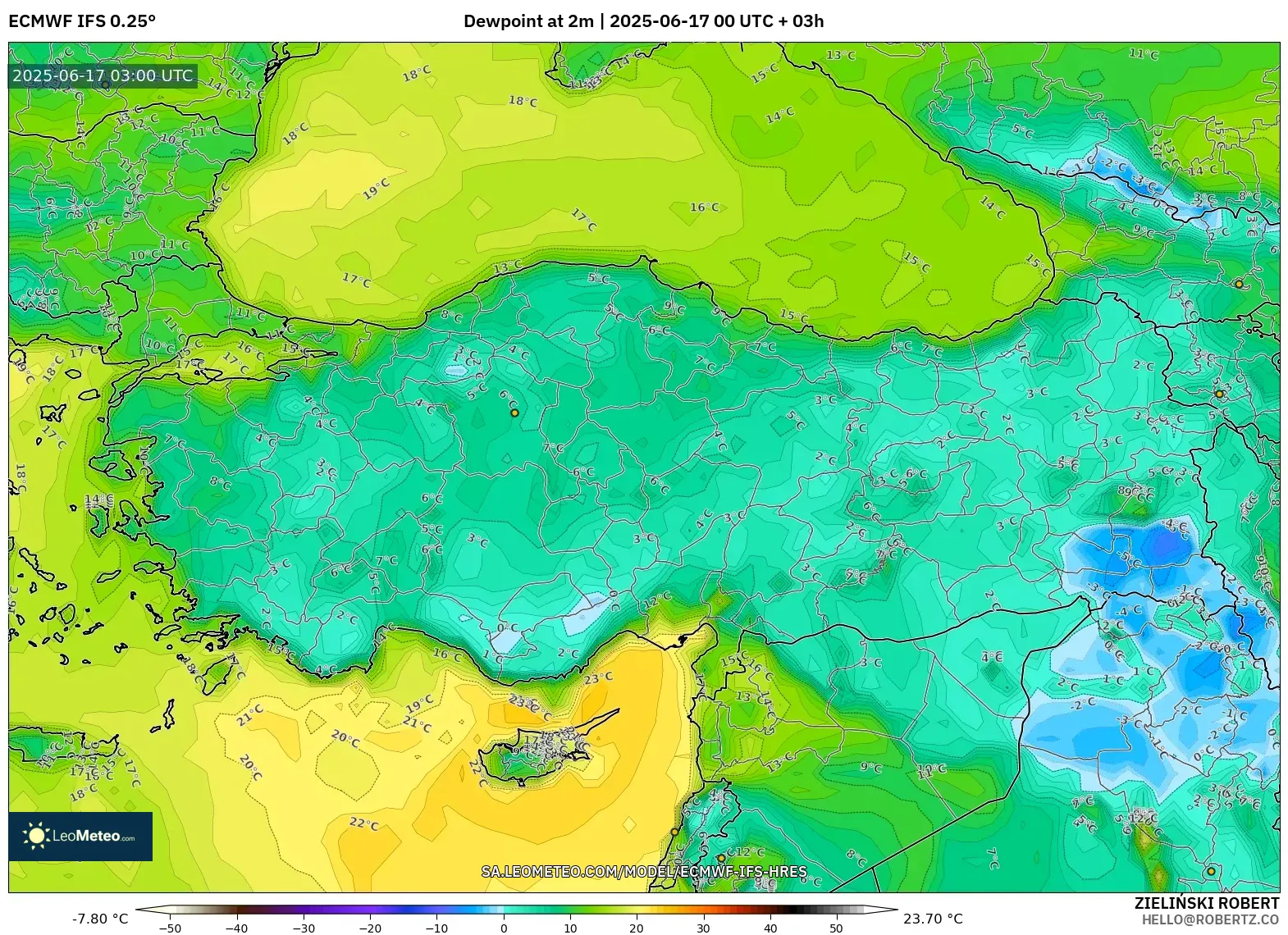 ECMWF IFS 0.25° model - Turki, Takat Embun 2 m ECMWF IFS 0.25° model - Turki, Takat Embun 2 m