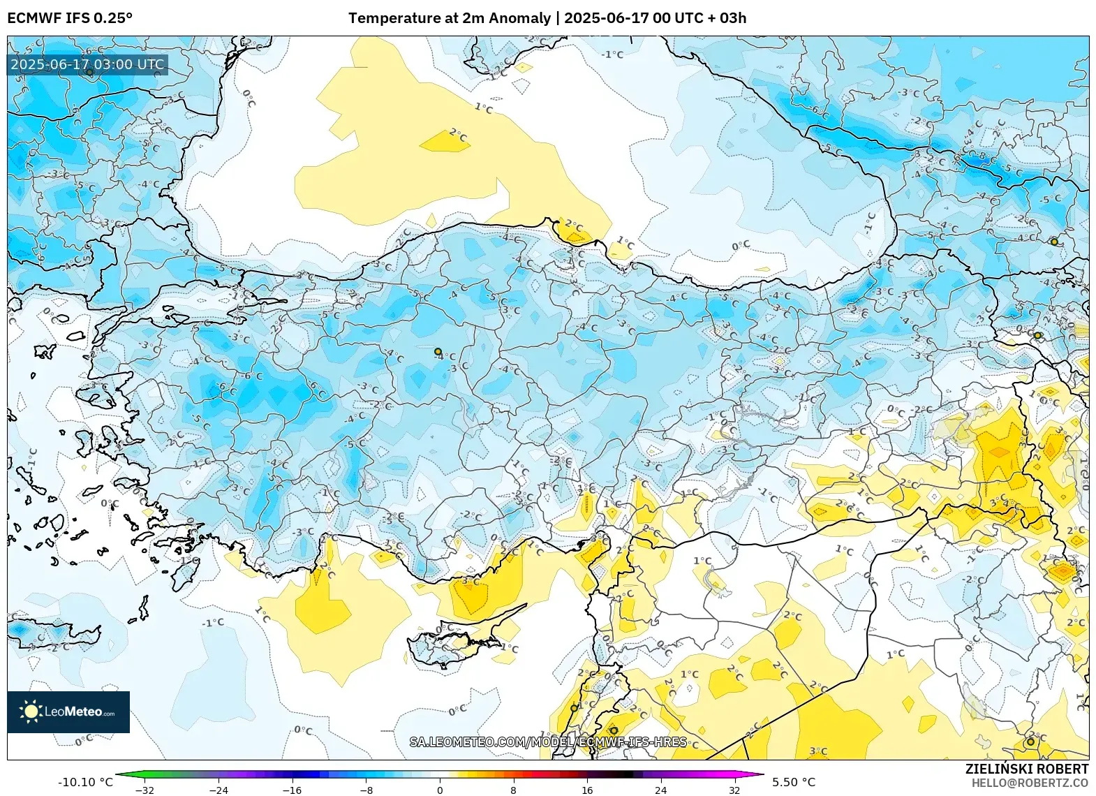 ECMWF IFS 0.25° model - Turki, Anomali Suhu 2 m ECMWF IFS 0.25° model - Turki, Anomali Suhu 2 m