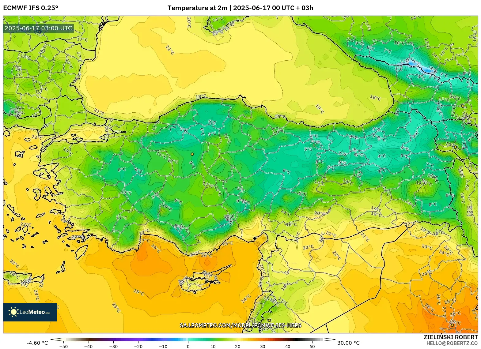 ECMWF IFS 0.25° model - Turki, Suhu pada 2 m ECMWF IFS 0.25° model - Turki, Suhu pada 2 m