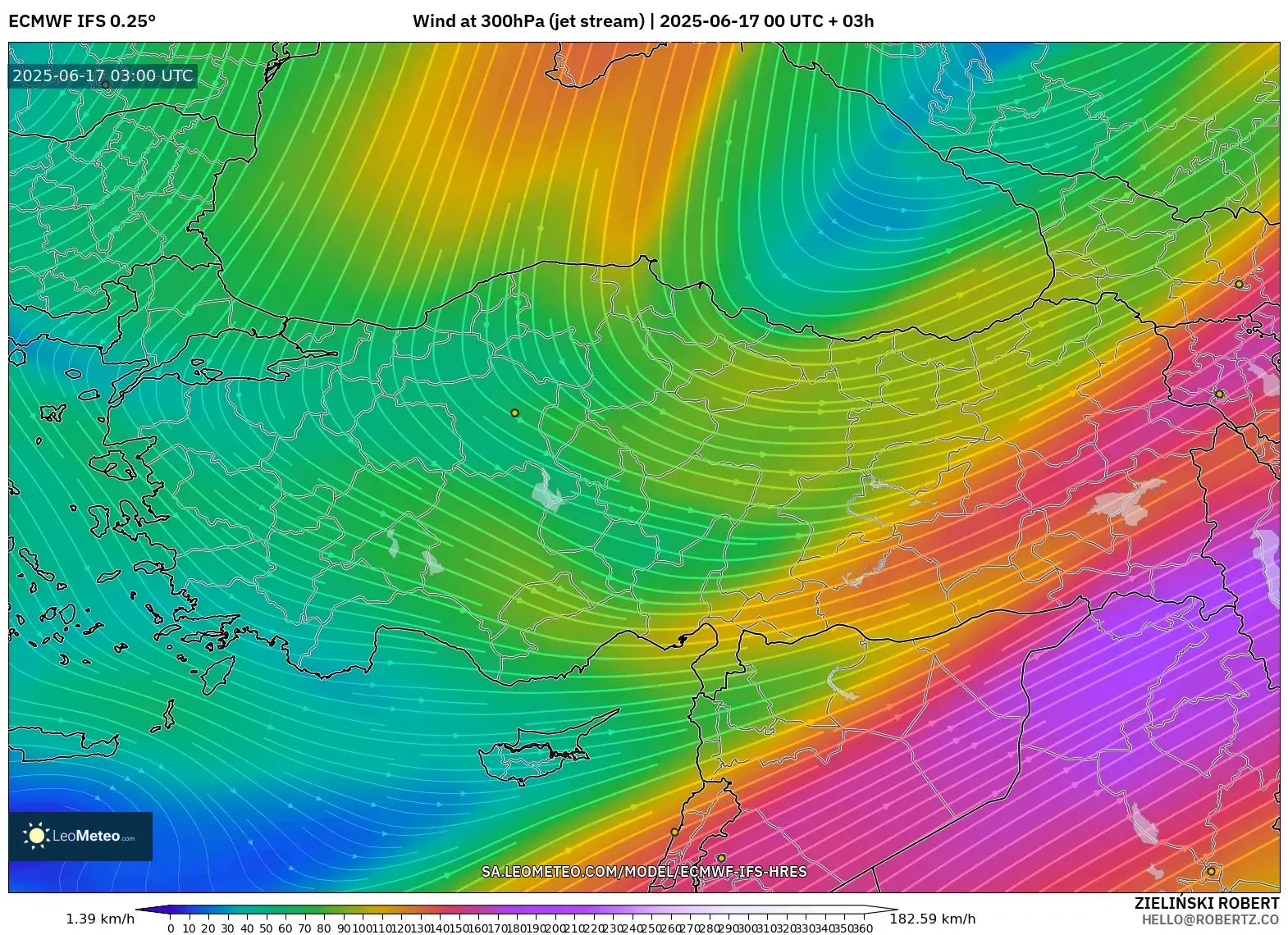 ECMWF IFS 0.25° model - Turki, Angin 300 hPa (aliran jet)