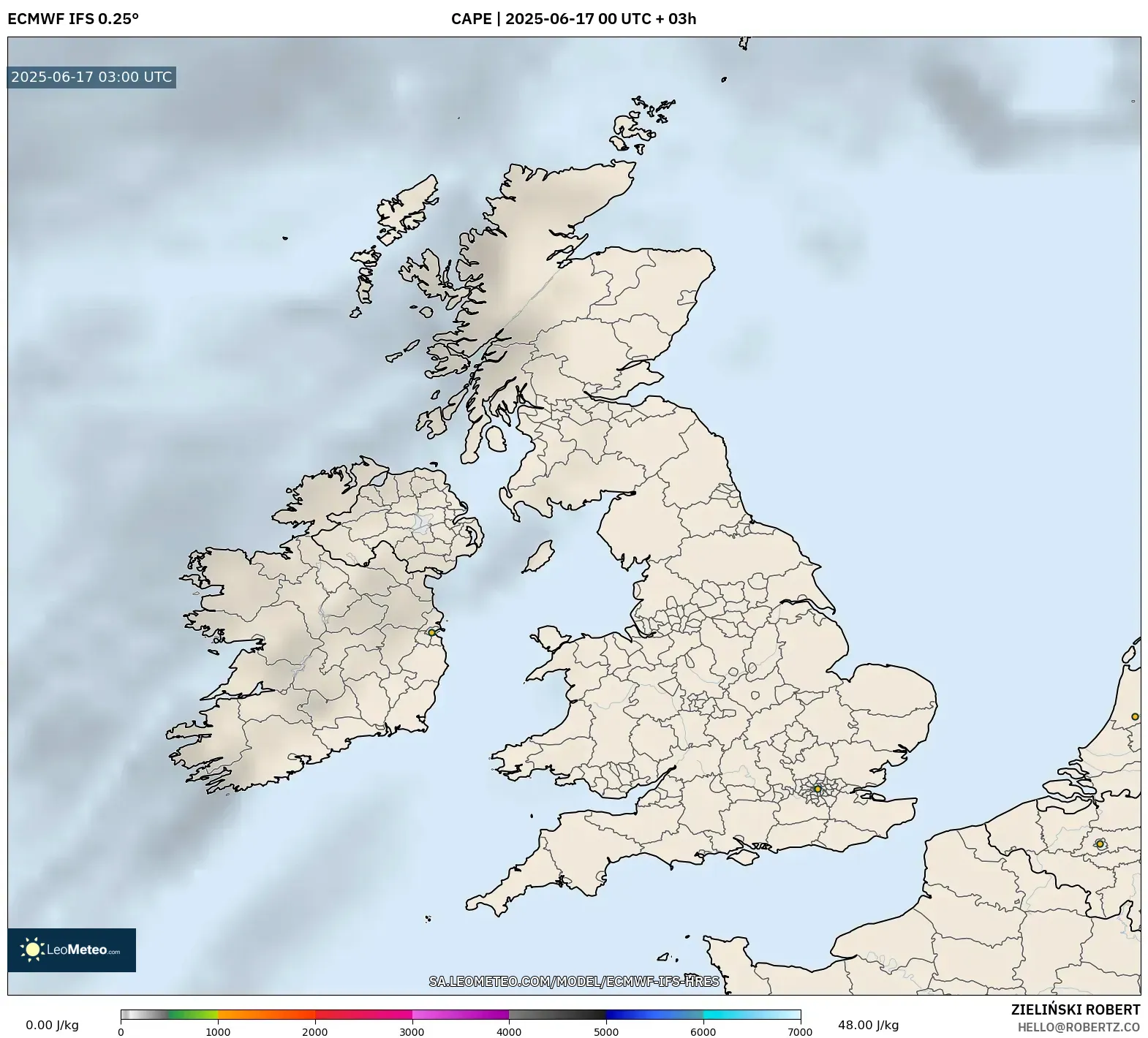 ECMWF IFS 0.25° model - United Kingdom, CAPE ECMWF IFS 0.25° model - United Kingdom, CAPE