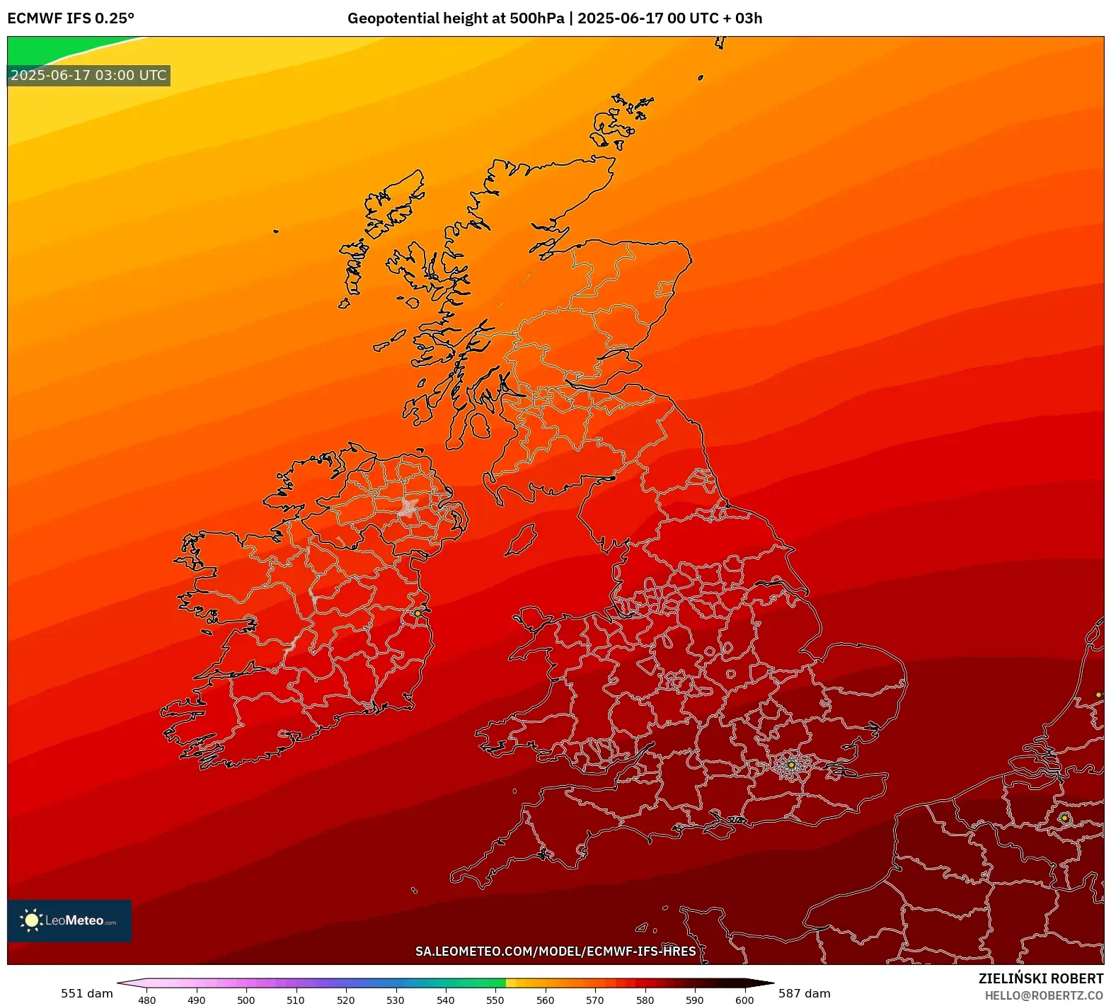 ECMWF IFS 0.25° model - United Kingdom, Ketinggian geopotensial pada 500 hPa ECMWF IFS 0.25° model - United Kingdom, Ketinggian geopotensial pada 500 hPa