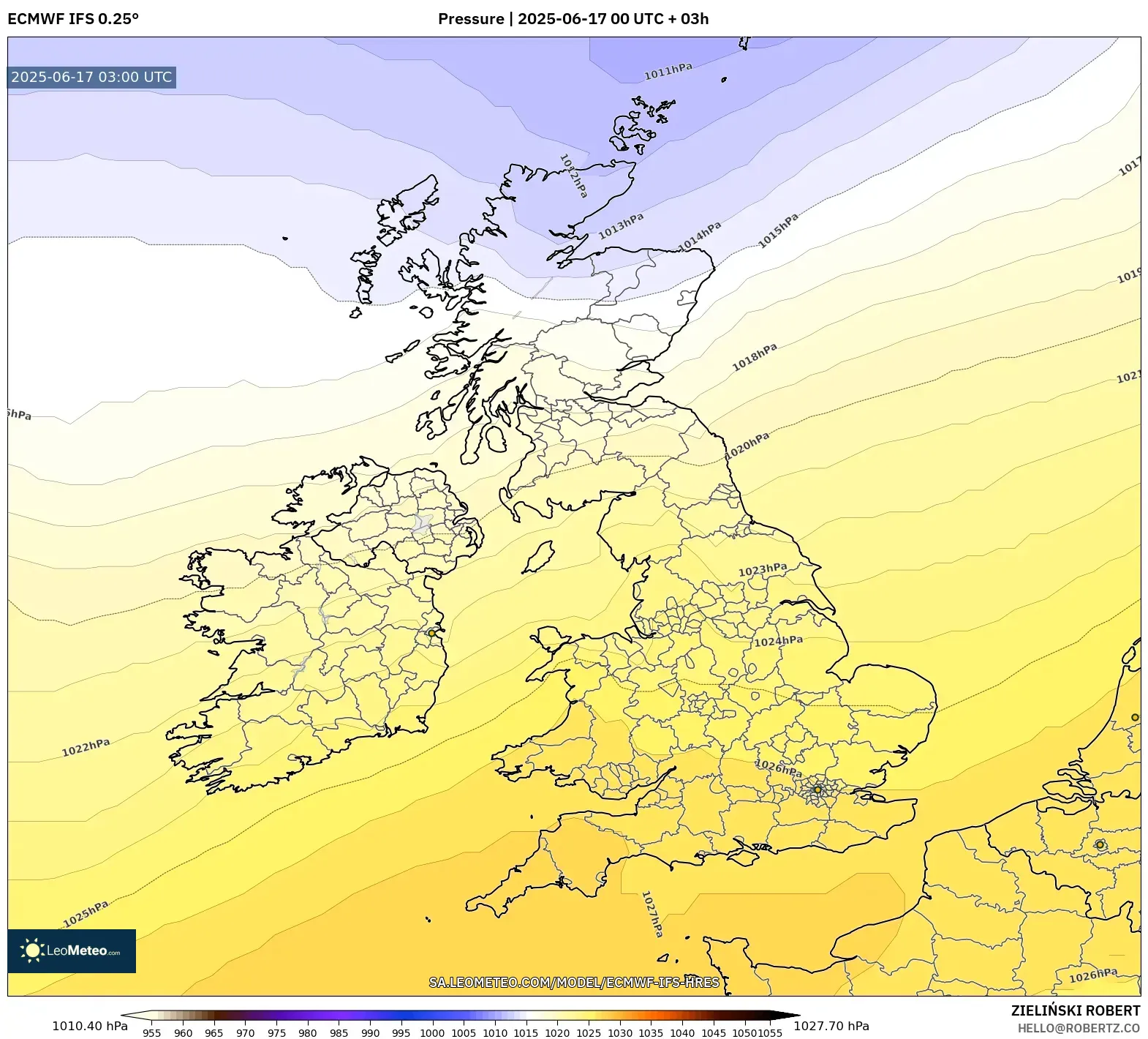 ECMWF IFS 0.25° model - United Kingdom, Tekanan ECMWF IFS 0.25° model - United Kingdom, Tekanan