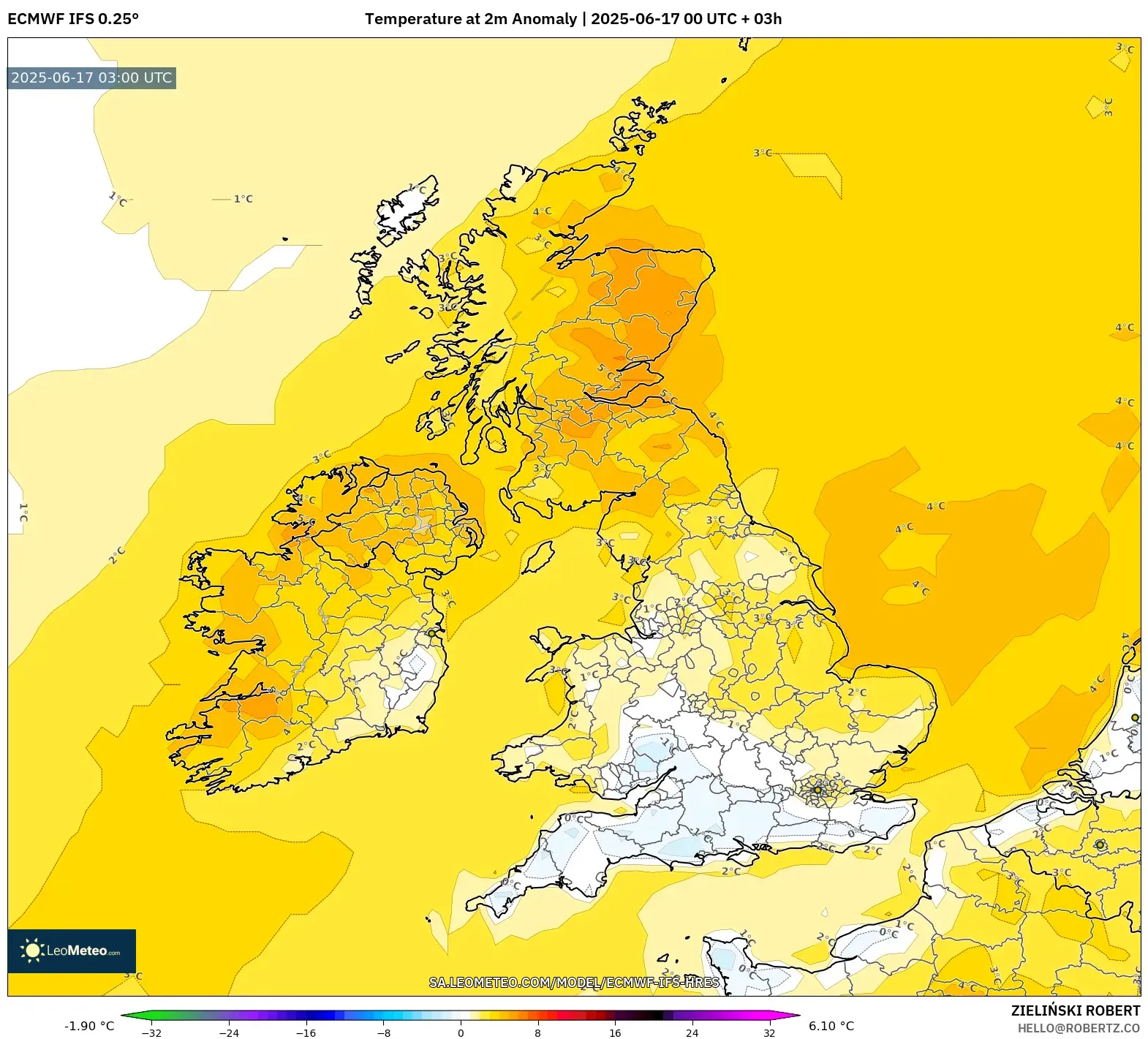 ECMWF IFS 0.25° model - United Kingdom, Anomali Suhu 2 m ECMWF IFS 0.25° model - United Kingdom, Anomali Suhu 2 m