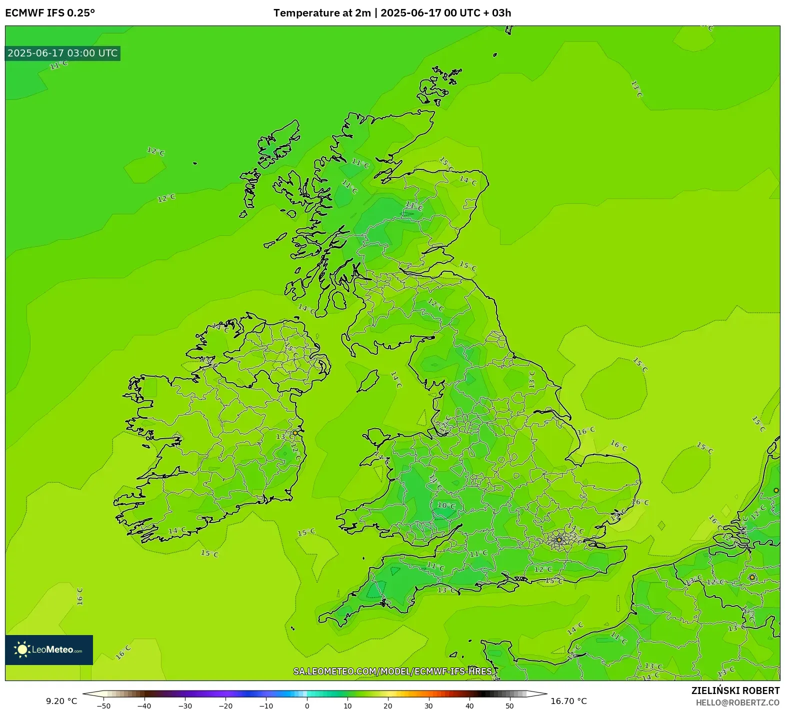 ECMWF IFS 0.25° model - United Kingdom, Suhu pada 2 m ECMWF IFS 0.25° model - United Kingdom, Suhu pada 2 m