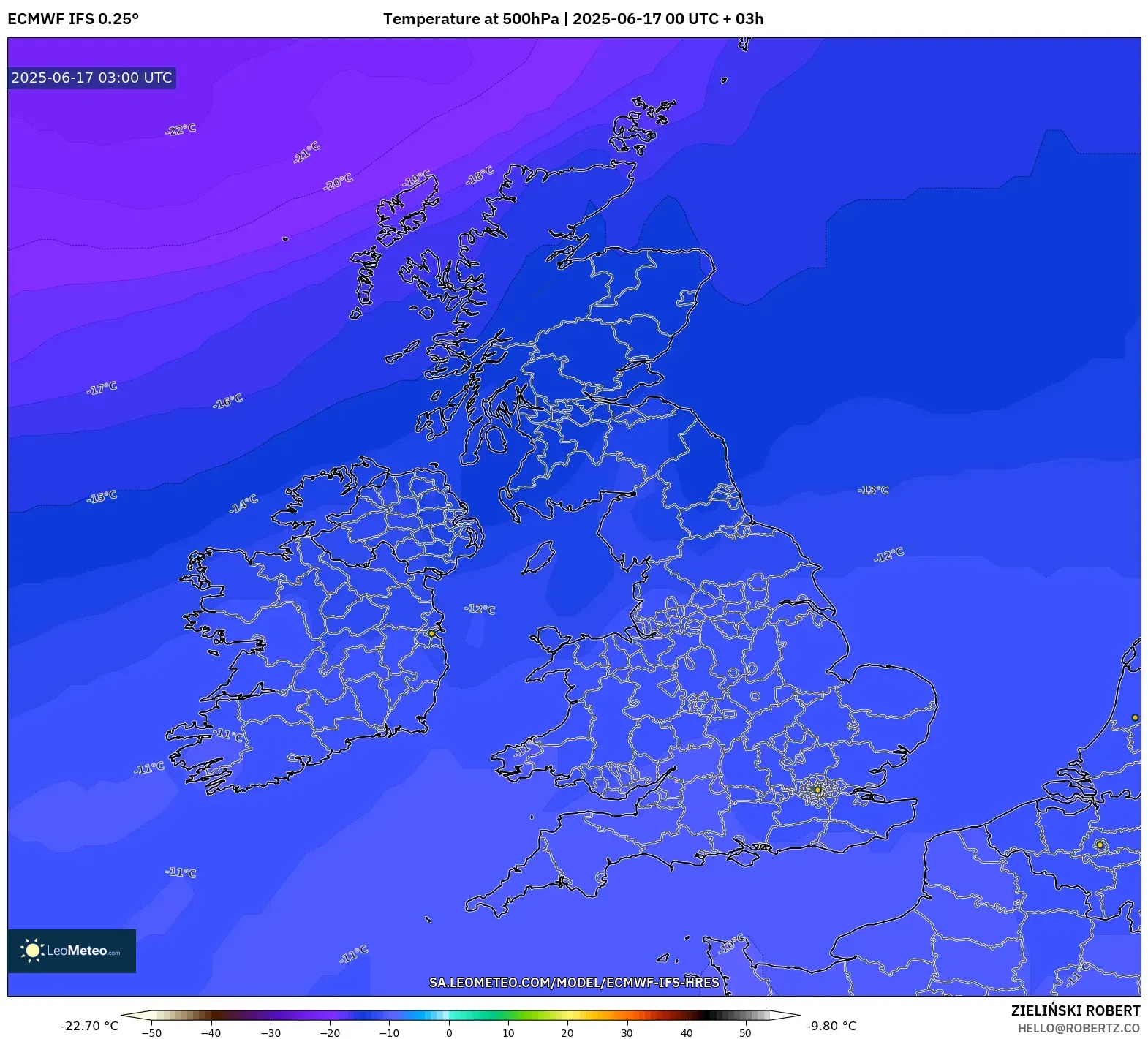 ECMWF IFS 0.25° model - United Kingdom, Suhu 500 hPa ECMWF IFS 0.25° model - United Kingdom, Suhu 500 hPa