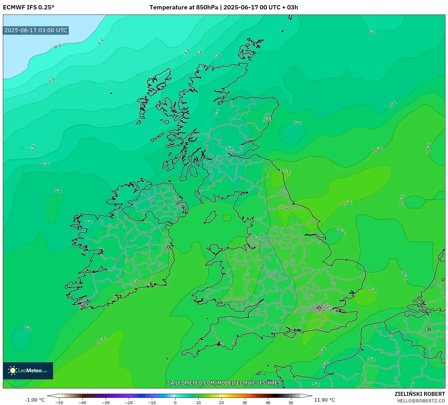 ECMWF IFS 0.25° model - United Kingdom, Suhu 850 hPa ECMWF IFS 0.25° model - United Kingdom, Suhu 850 hPa