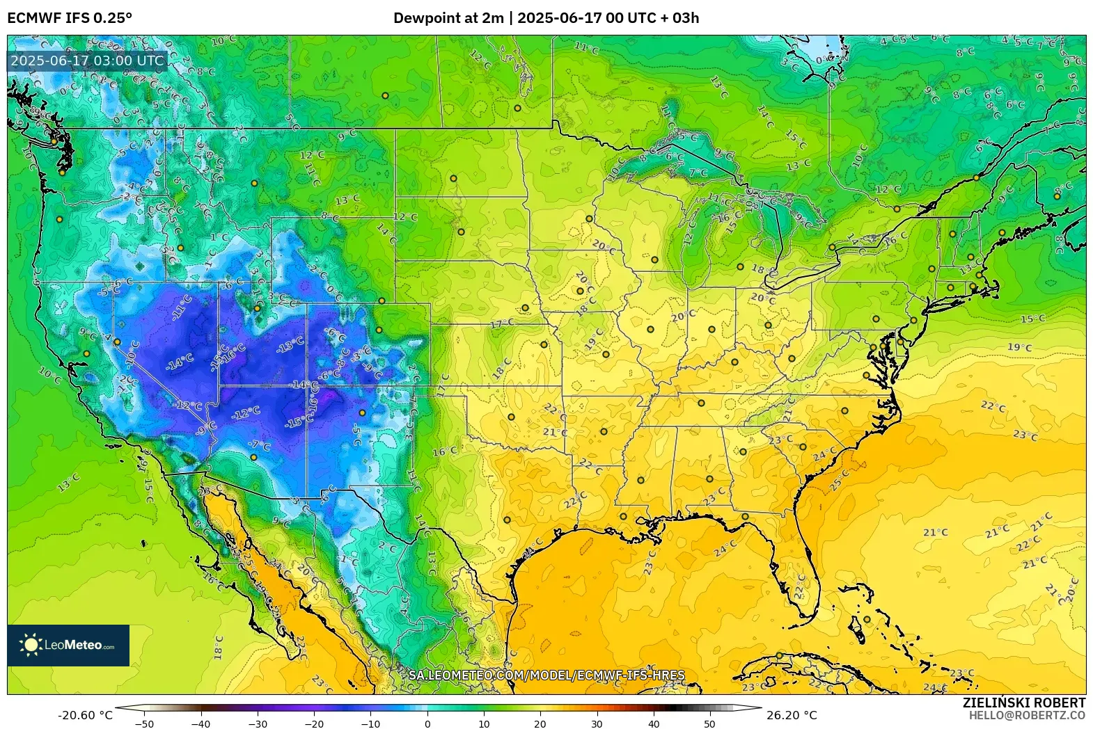 ECMWF IFS 0.25° model - Amerika Syarikat, Takat Embun 2 m ECMWF IFS 0.25° model - Amerika Syarikat, Takat Embun 2 m