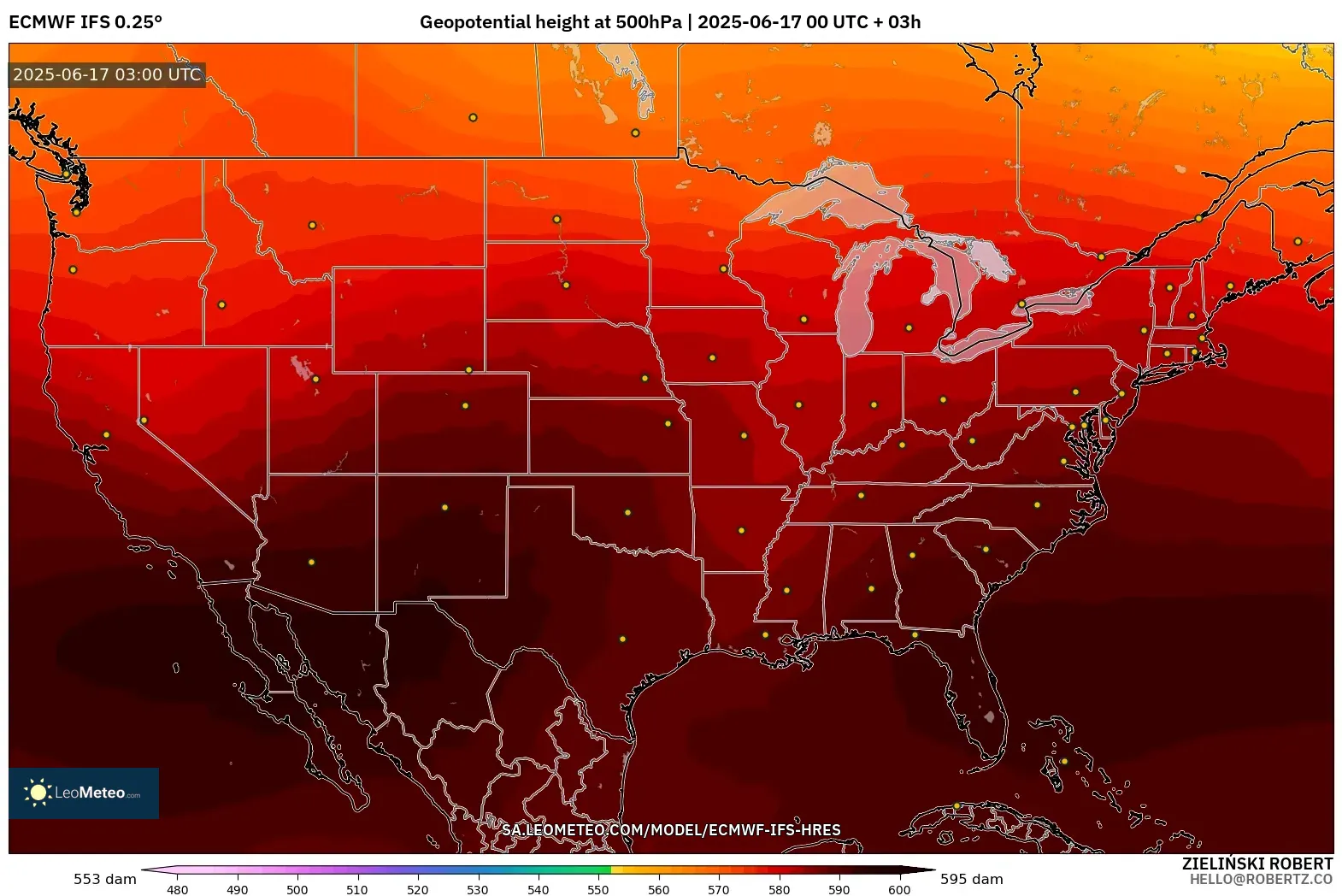 ECMWF IFS 0.25° model - Amerika Syarikat, Ketinggian geopotensial pada 500 hPa ECMWF IFS 0.25° model - Amerika Syarikat, Ketinggian geopotensial pada 500 hPa