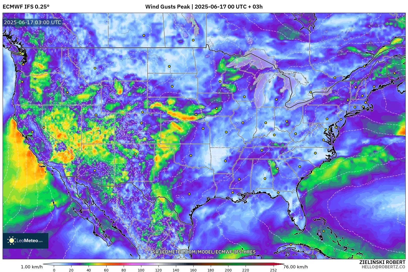 ECMWF IFS 0.25° model - Amerika Syarikat, Hembusan Tertinggi ECMWF IFS 0.25° model - Amerika Syarikat, Hembusan Tertinggi