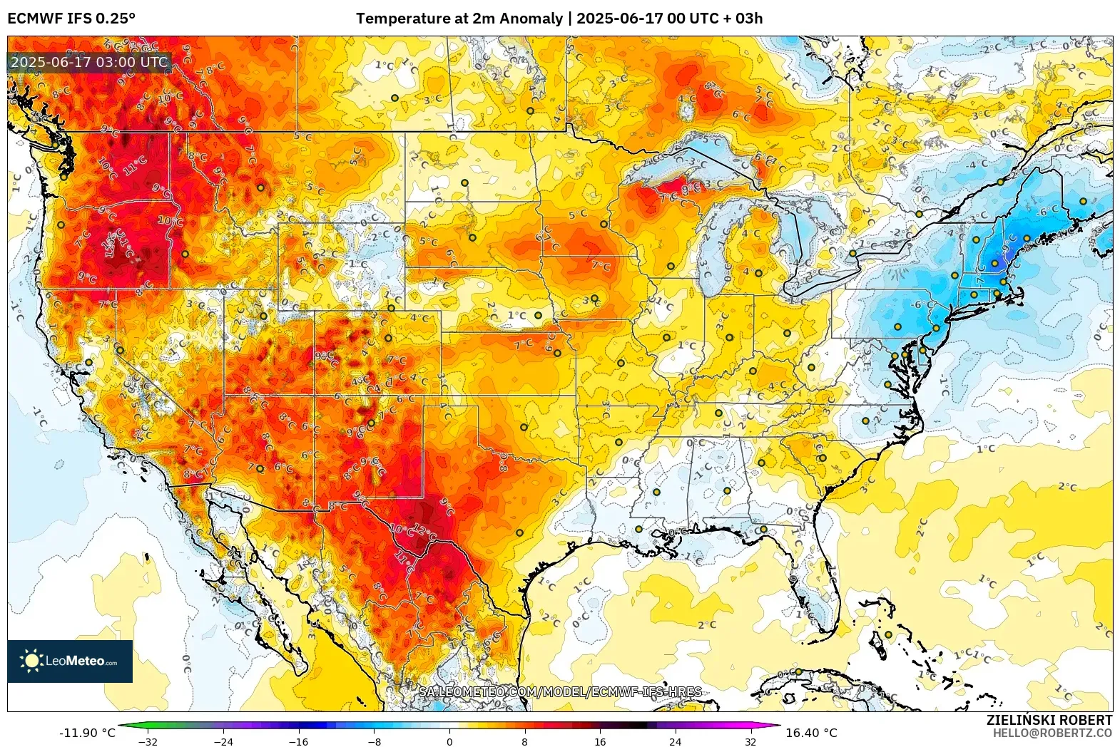 ECMWF IFS 0.25° model - Amerika Syarikat, Anomali Suhu 2 m ECMWF IFS 0.25° model - Amerika Syarikat, Anomali Suhu 2 m