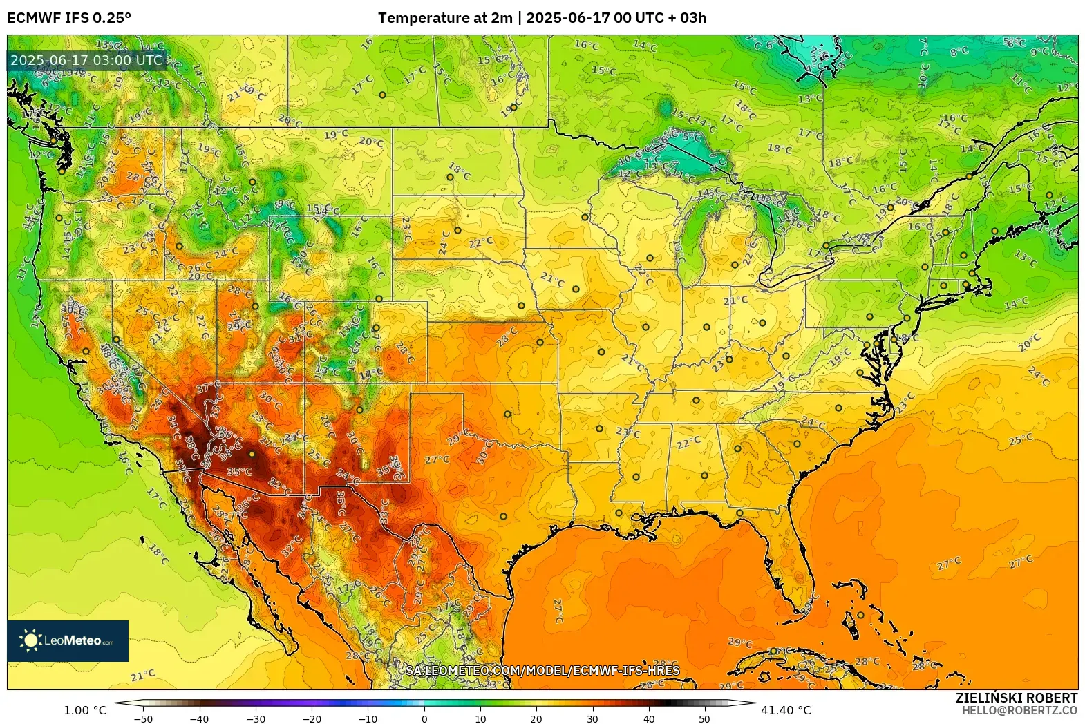 ECMWF IFS 0.25° model - Amerika Syarikat, Suhu pada 2 m ECMWF IFS 0.25° model - Amerika Syarikat, Suhu pada 2 m