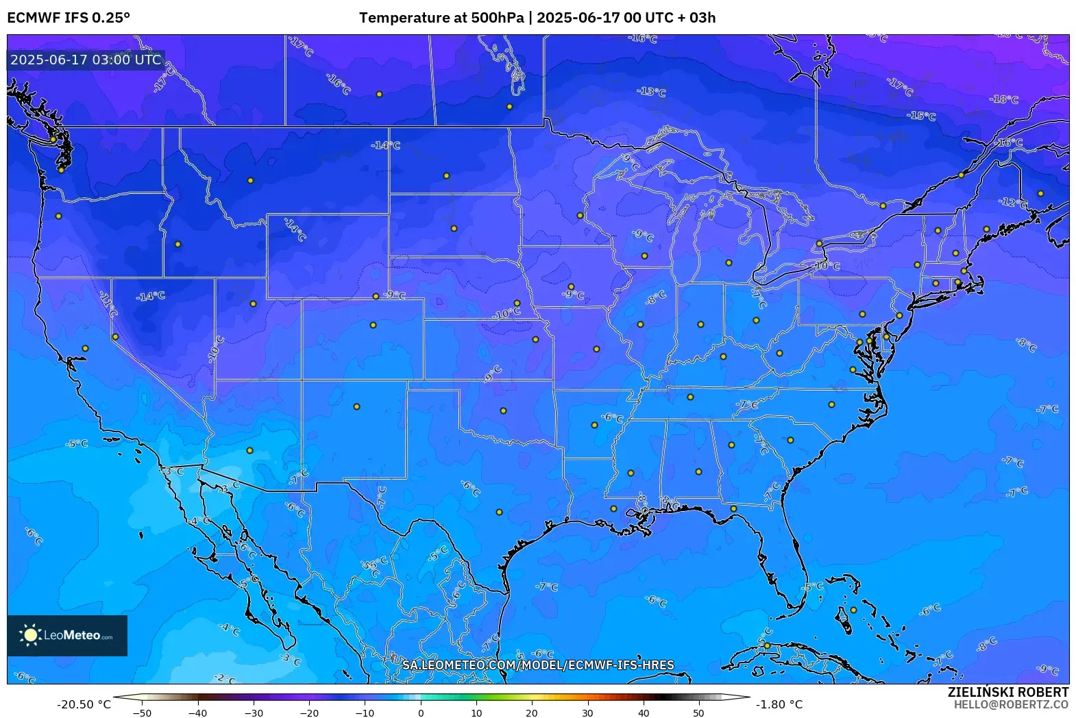 ECMWF IFS 0.25° model - Amerika Syarikat, Suhu 500 hPa ECMWF IFS 0.25° model - Amerika Syarikat, Suhu 500 hPa