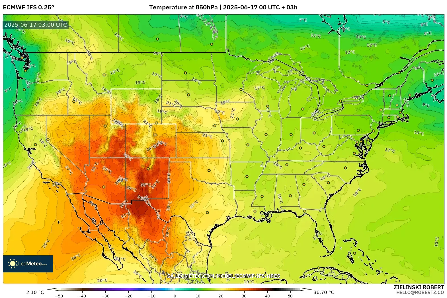 ECMWF IFS 0.25° model - Amerika Syarikat, Suhu 850 hPa ECMWF IFS 0.25° model - Amerika Syarikat, Suhu 850 hPa