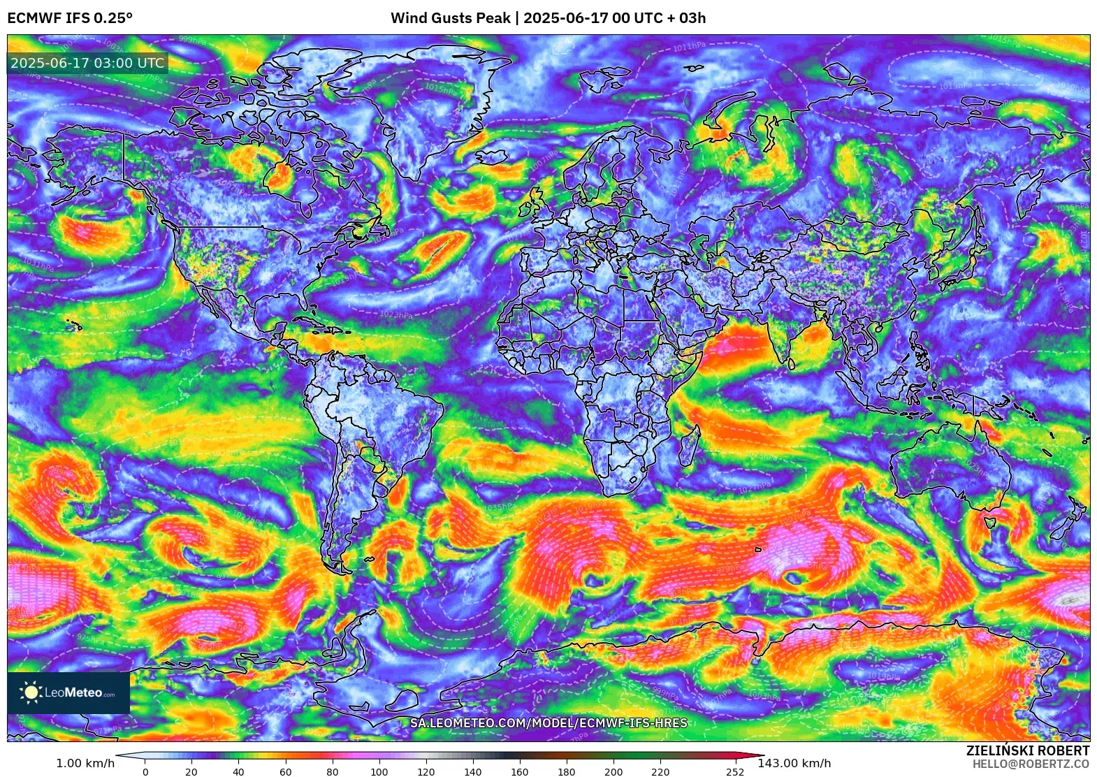ECMWF IFS 0.25° model - Dunia, Hembusan Tertinggi ECMWF IFS 0.25° model - Dunia, Hembusan Tertinggi
