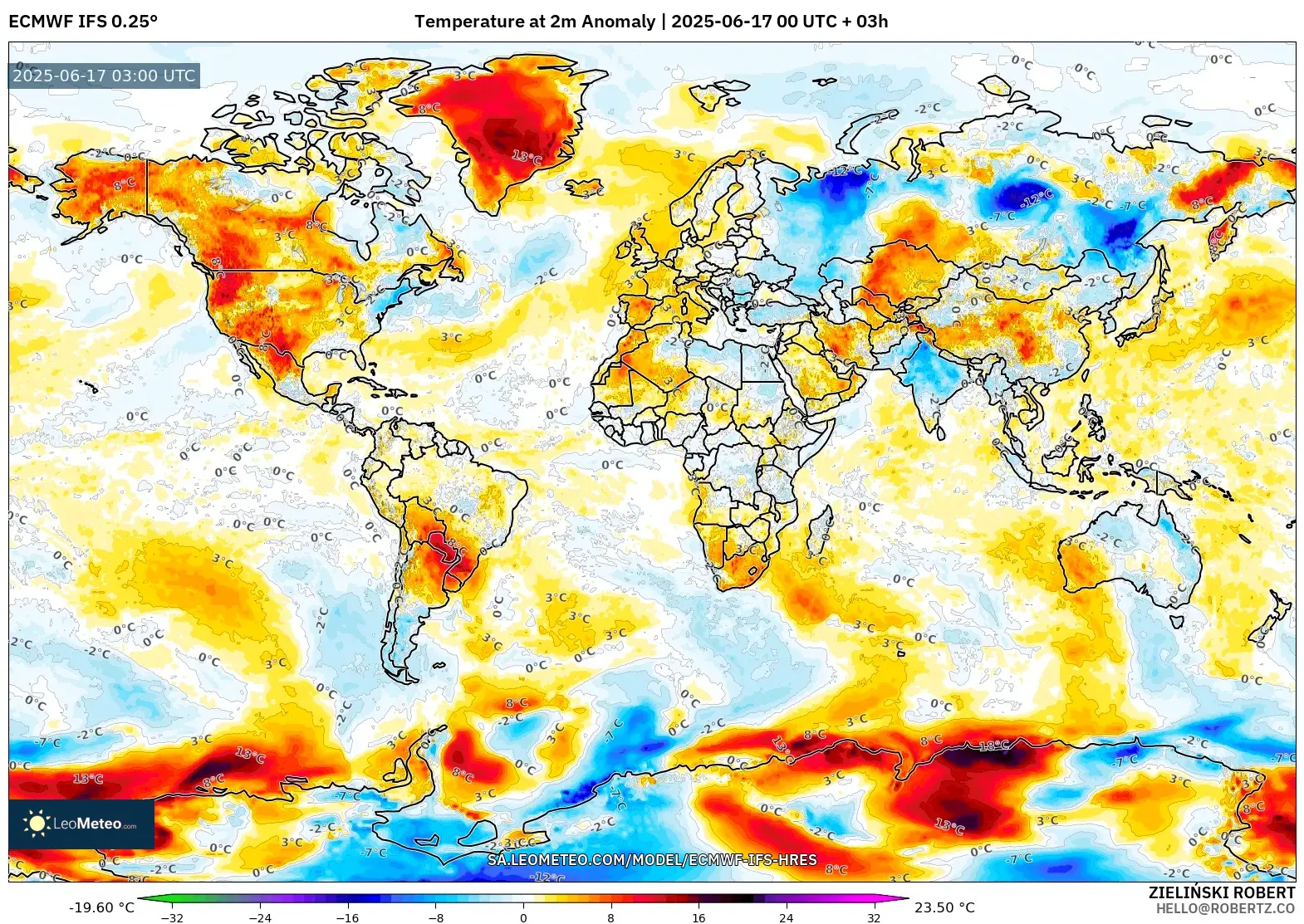 ECMWF IFS 0.25° model - Dunia, Anomali Suhu 2 m ECMWF IFS 0.25° model - Dunia, Anomali Suhu 2 m