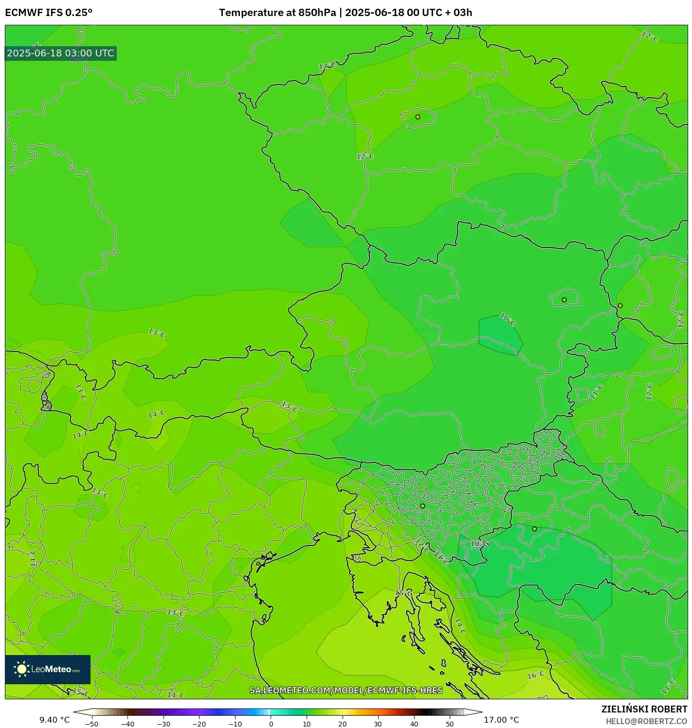 ECMWF IFS 0.25° model - Austria, Temperature at 850hPa ECMWF IFS 0.25° model - Austria, Temperature at 850hPa