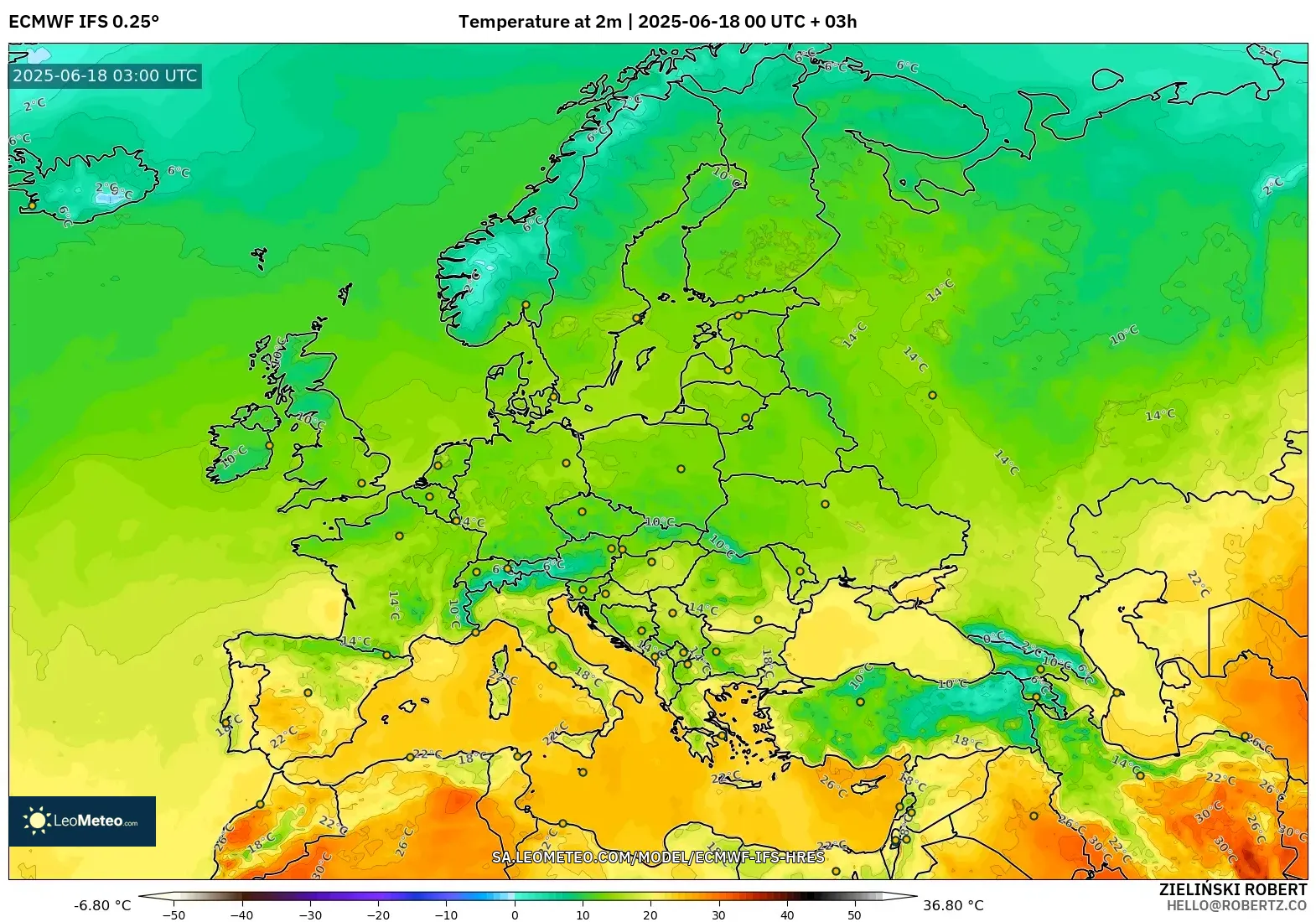 ECMWF IFS 0.25° model - Europe, Temperature at 2m ECMWF IFS 0.25° model - Europe, Temperature at 2m