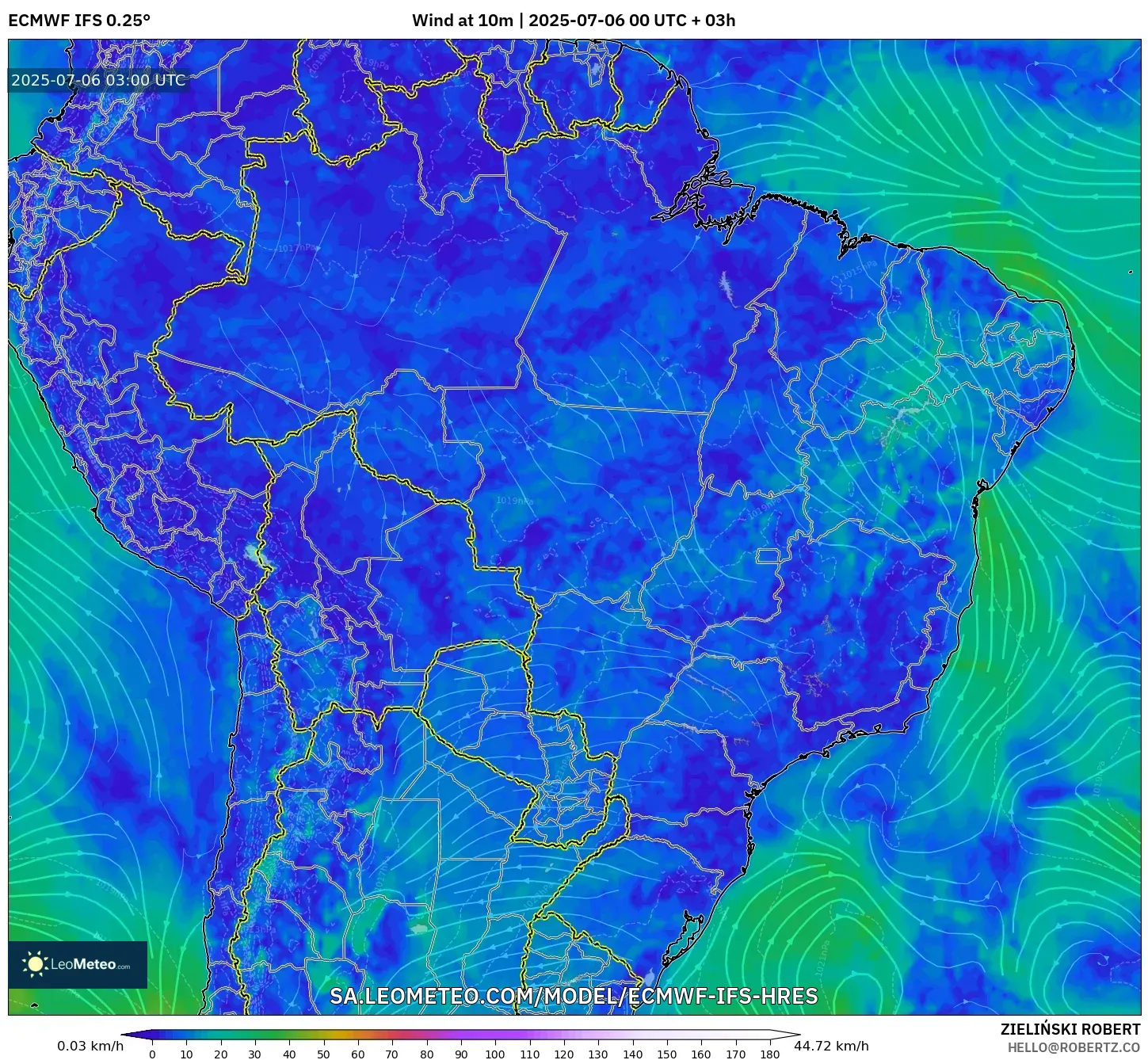ECMWF IFS 0.25° model - Brazil, Wind at 10m ECMWF IFS 0.25° model - Brazil, Wind at 10m