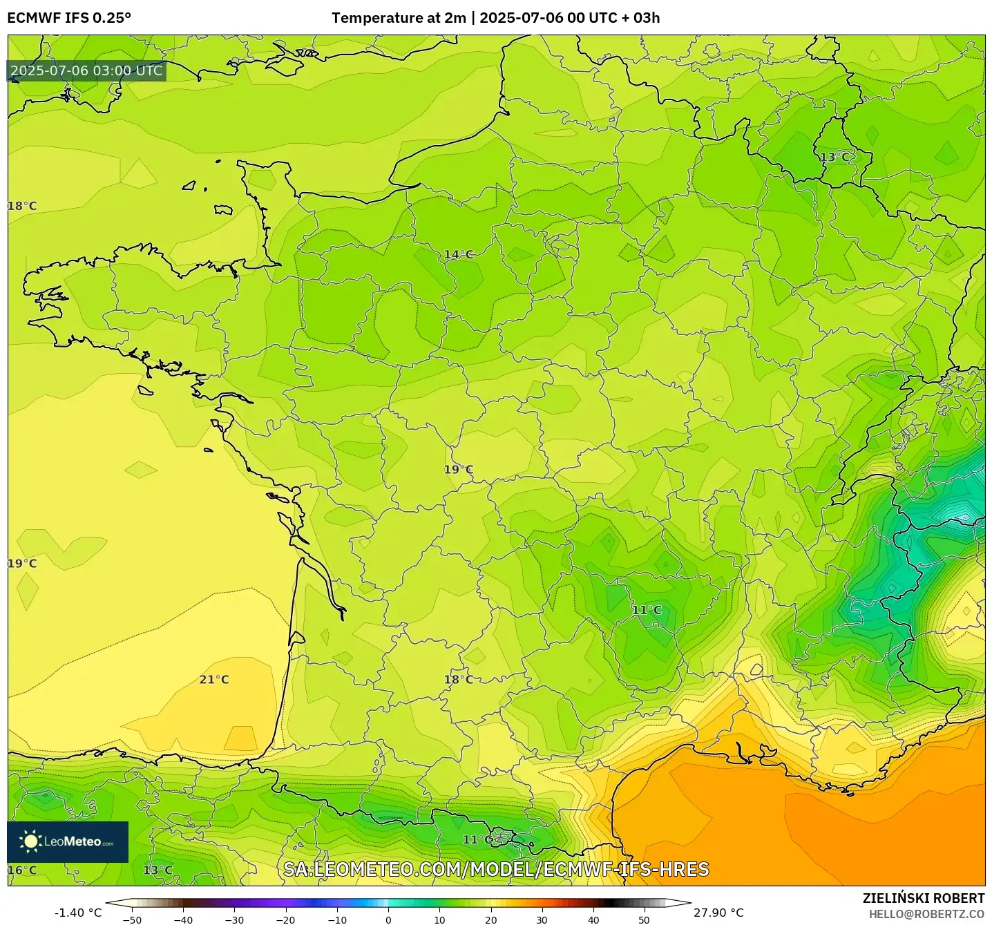 ECMWF IFS 0.25° model - France, Temperature at 2m ECMWF IFS 0.25° model - France, Temperature at 2m