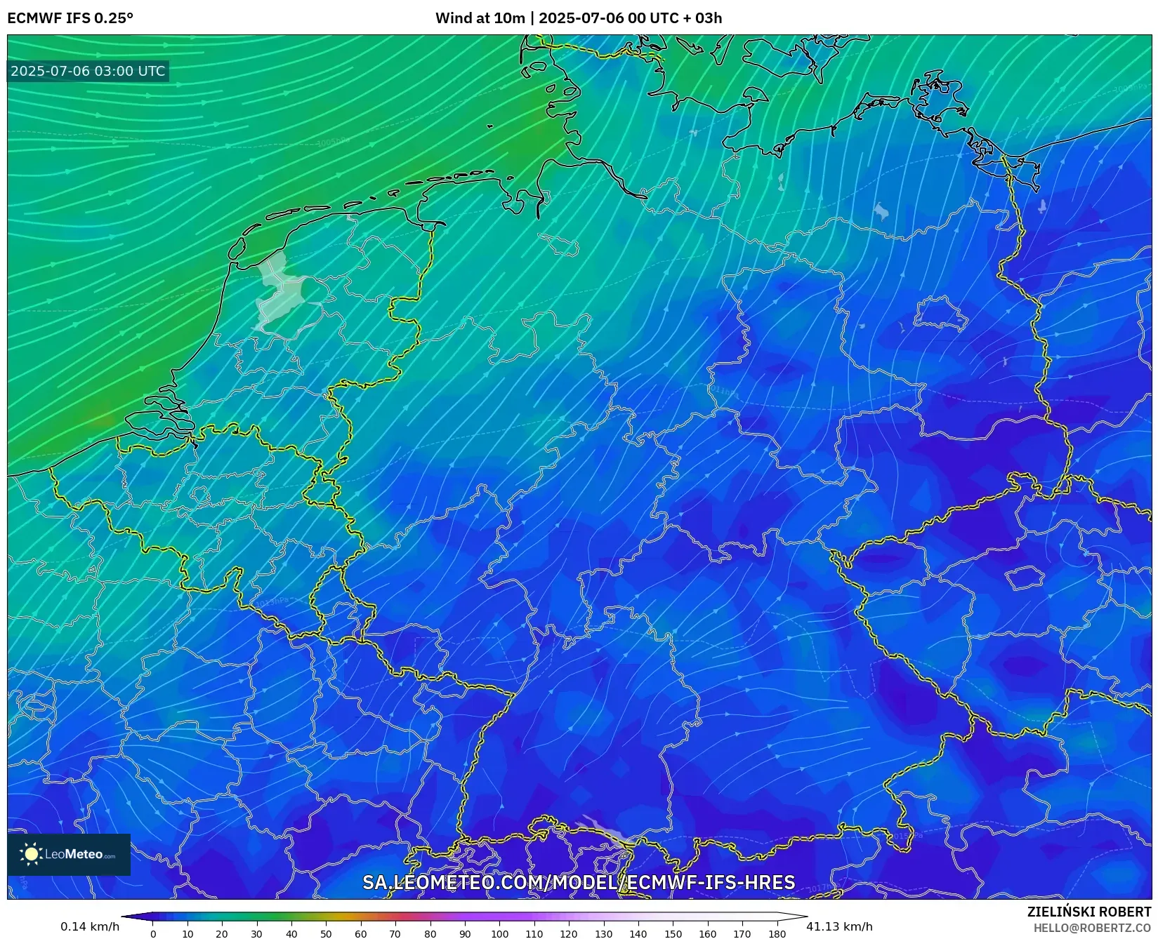 ECMWF IFS 0.25° model - Germany, Wind at 10m ECMWF IFS 0.25° model - Germany, Wind at 10m