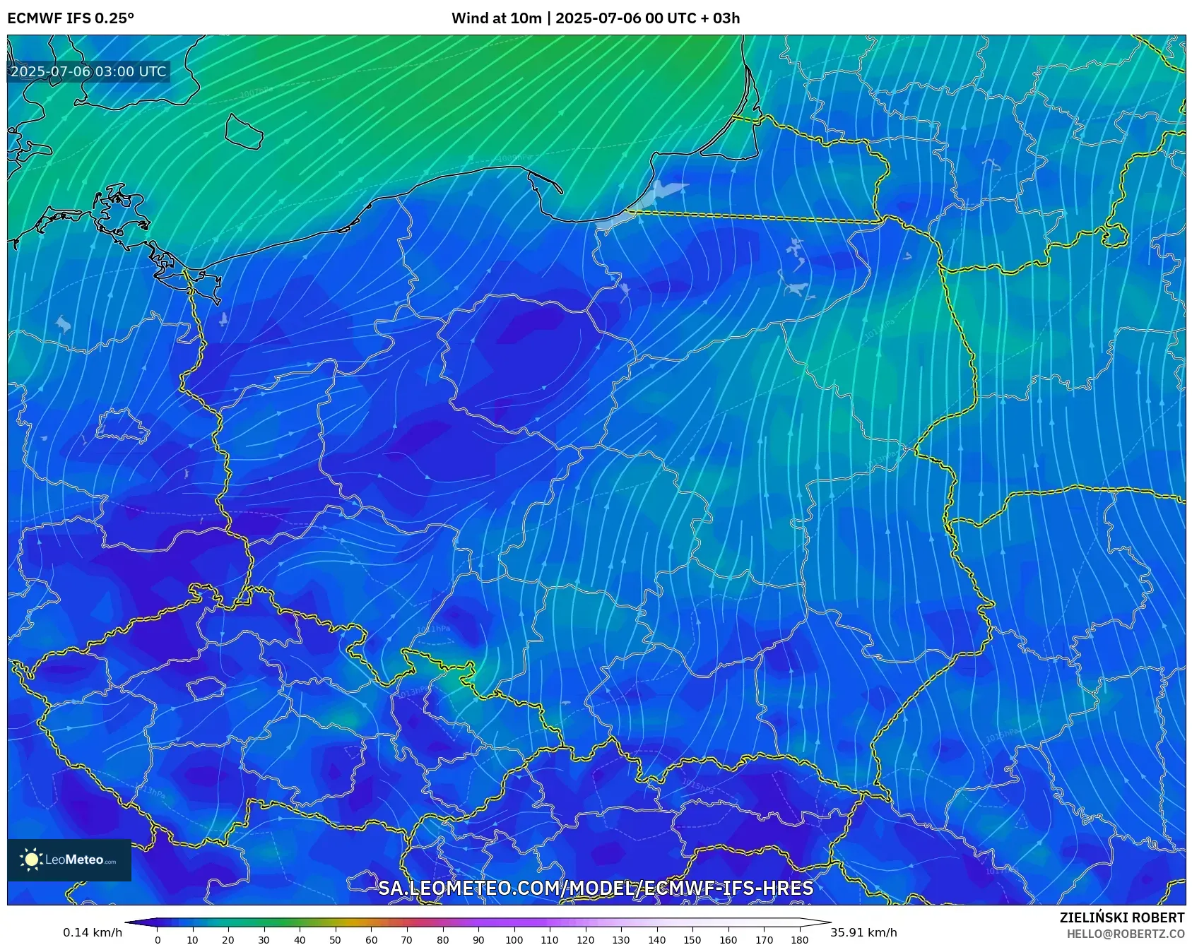 ECMWF IFS 0.25° model - Poland, Wind at 10m ECMWF IFS 0.25° model - Poland, Wind at 10m