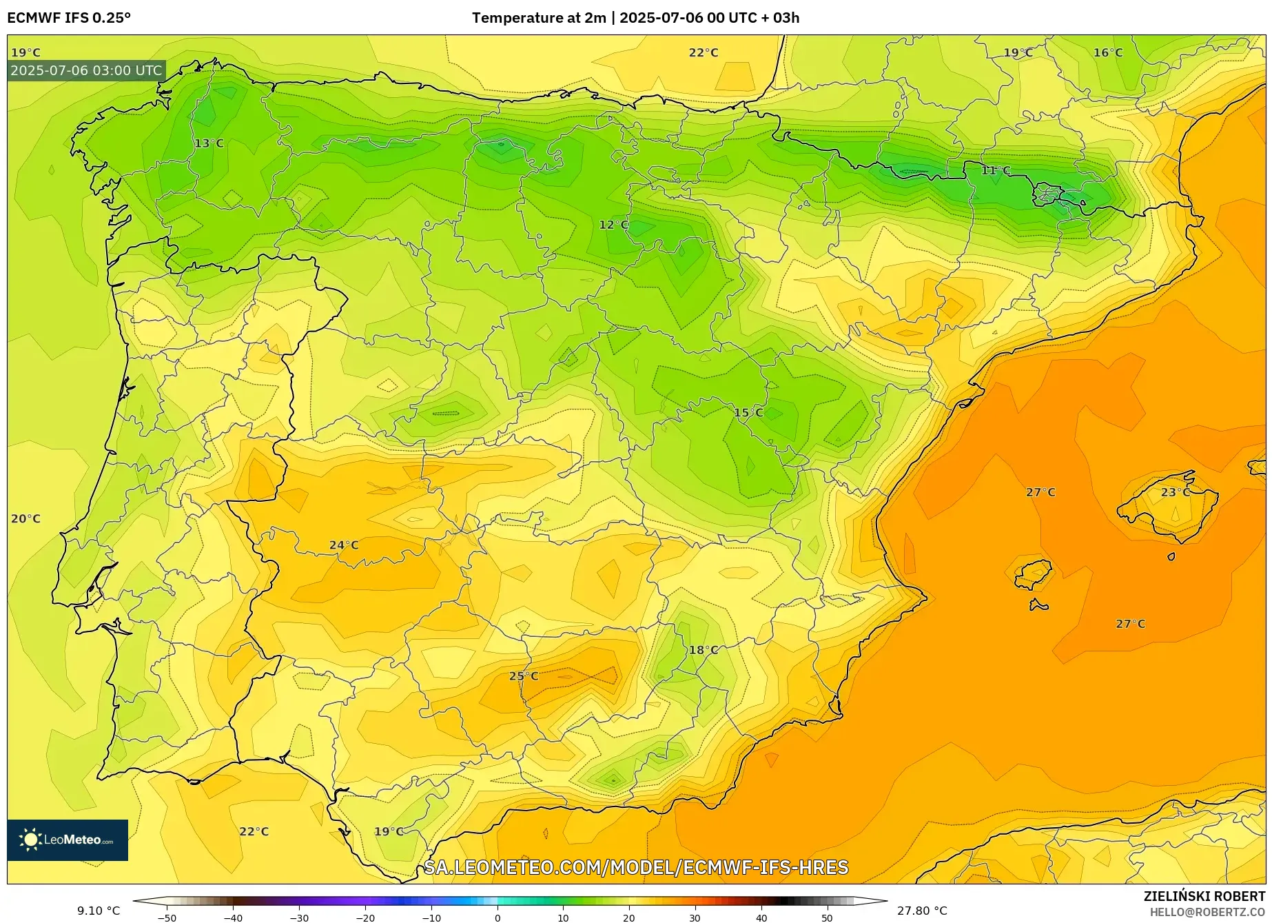 ECMWF IFS 0.25° model - Spain, Temperature at 2m ECMWF IFS 0.25° model - Spain, Temperature at 2m