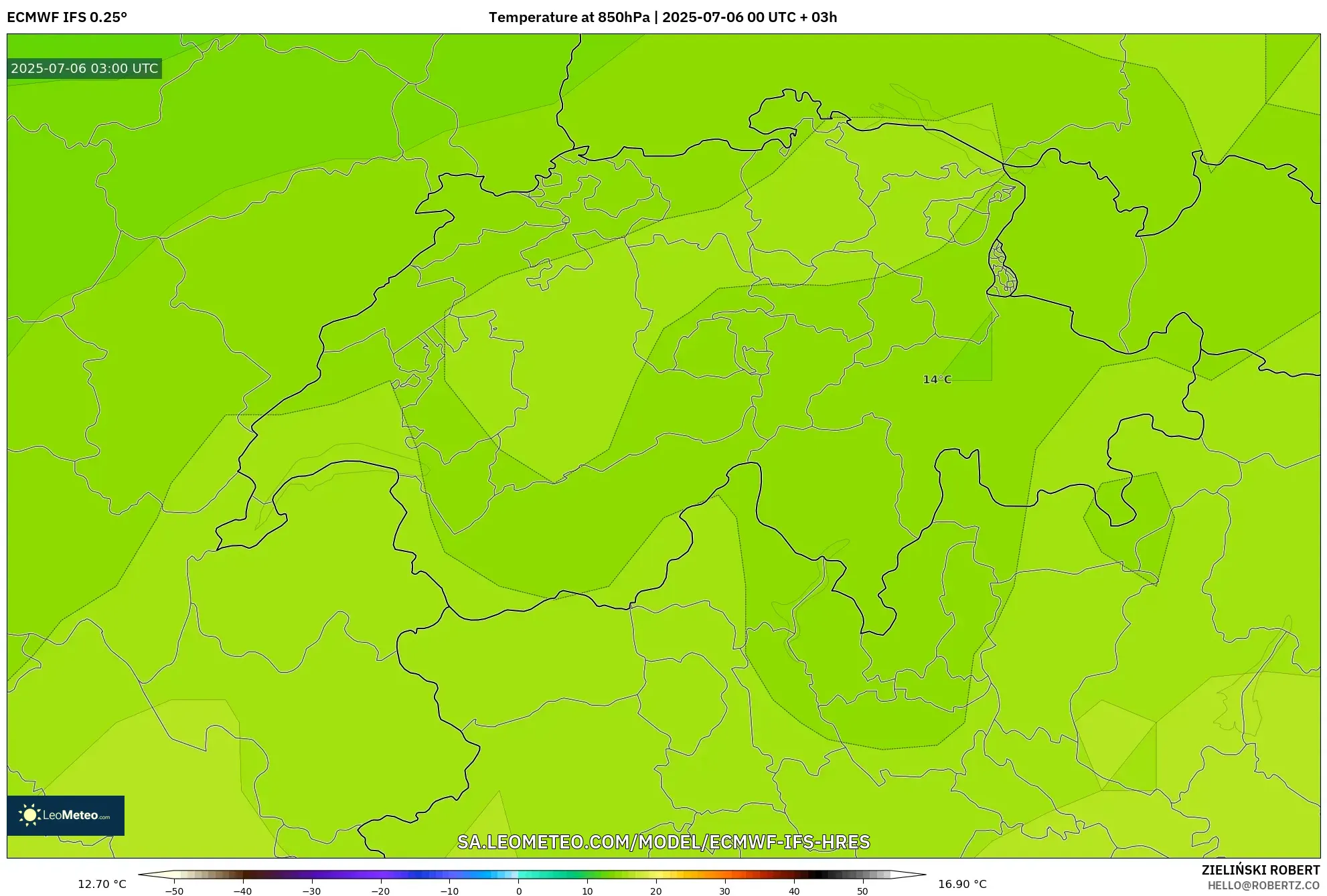 ECMWF IFS 0.25° model - Switzerland, Temperature at 850hPa ECMWF IFS 0.25° model - Switzerland, Temperature at 850hPa