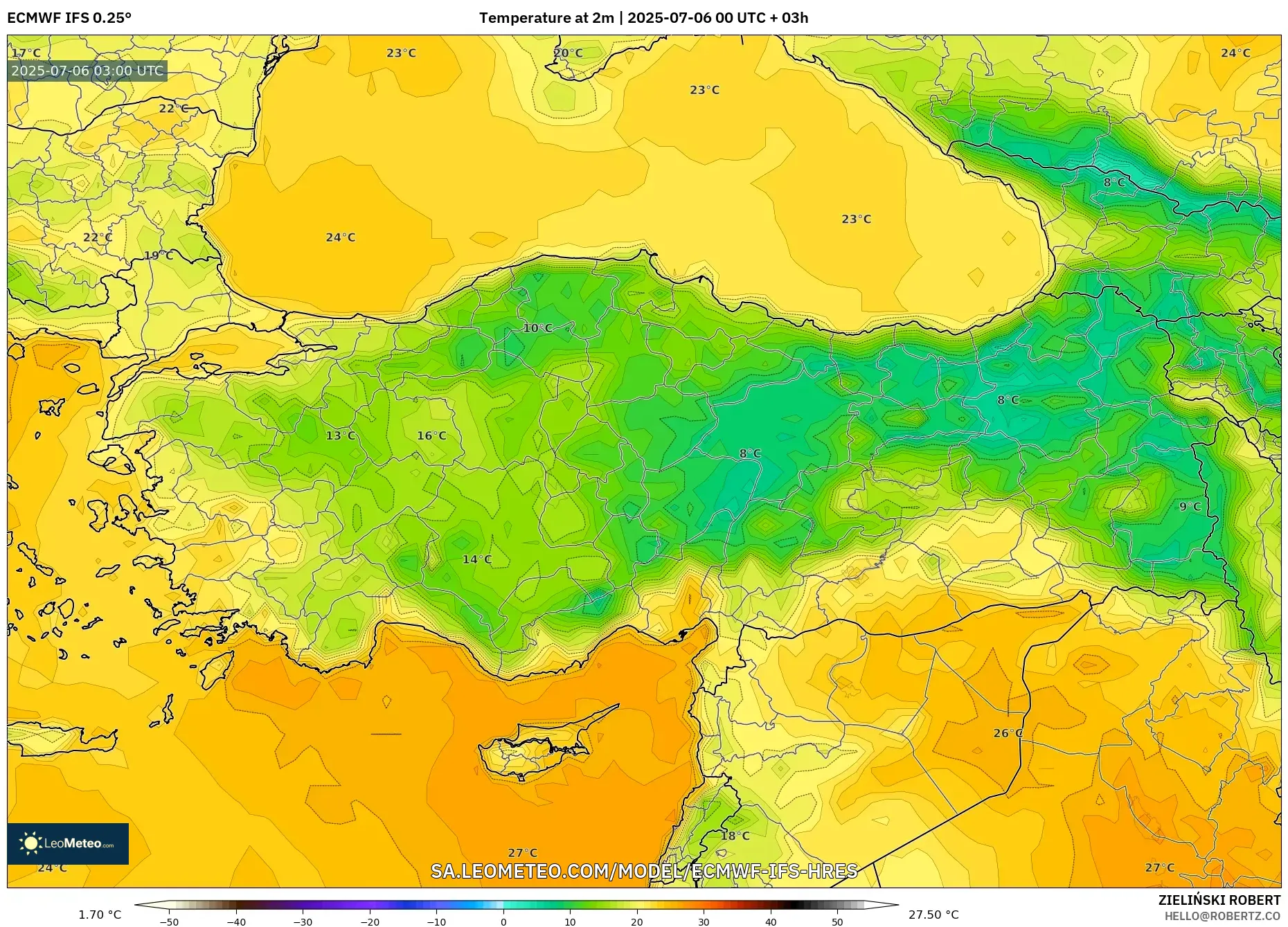 ECMWF IFS 0.25° model - Turkey, Temperature at 2m ECMWF IFS 0.25° model - Turkey, Temperature at 2m